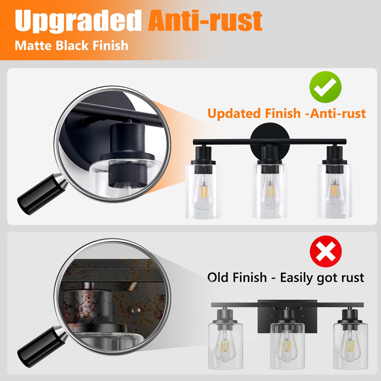 DINGLILIGHTING DLLT 3-Light Bathroom Light Fixtures - Matte Black, Metal, 2 Packs, Clear Glass Shade, E26 Bulb Base