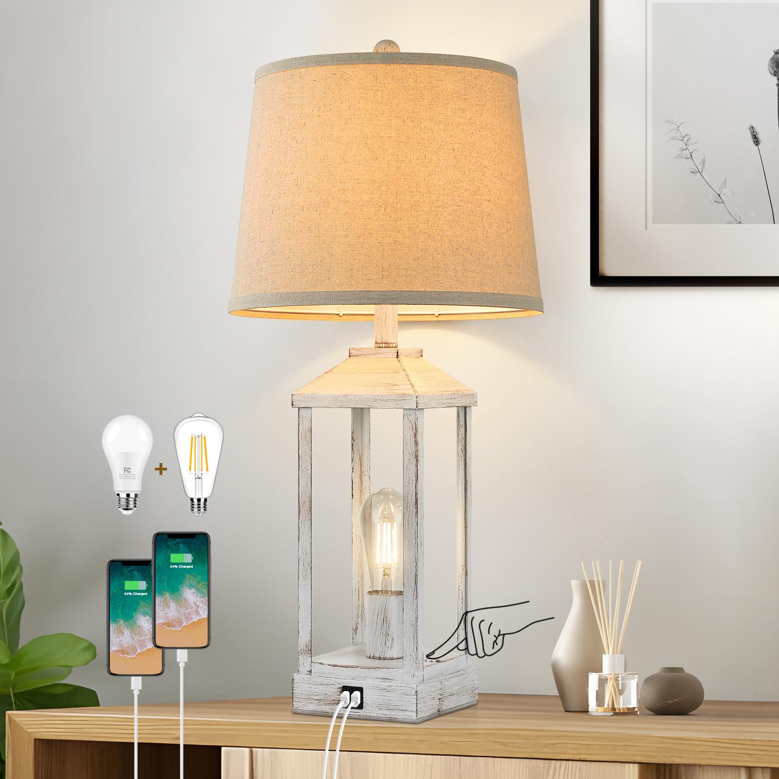 28'' Bedside Table Lamp for Living Room, 3-Way Dimmable Touch Control Retro Nightstand Desk Lamp with 2 Light, White Rustic Farm