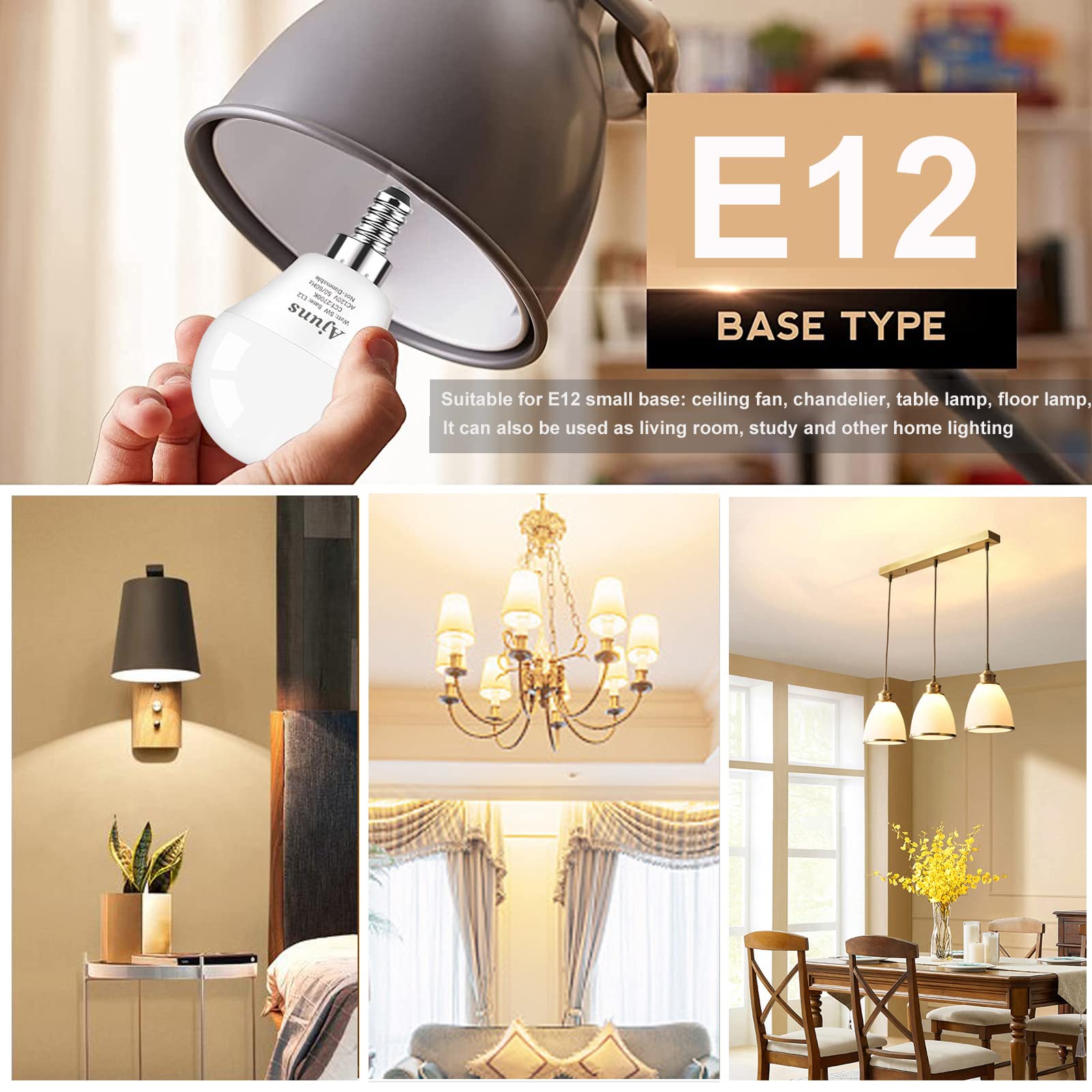 Ajuns 5W Led Bulbs 40W Equivalent E12 Base Warm White 2700K Non-Dimmable A15 Globe Shape, 6 Pack, 450 Lumen