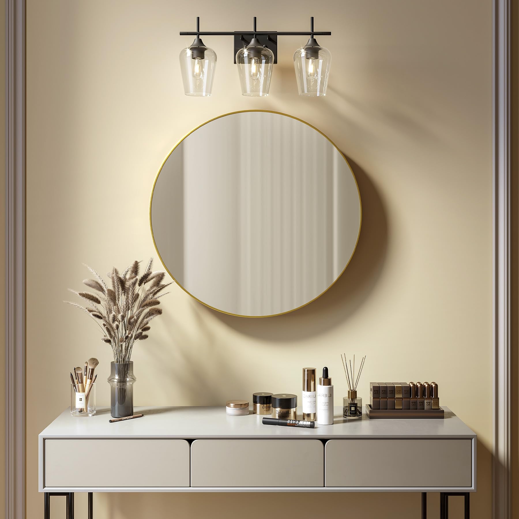 VONLUCE Bathroom Vanity Light Fixture, 3-Light Modern Wall Sconce, Clear Glass, Matte Black, Model HCF2802280300COZ