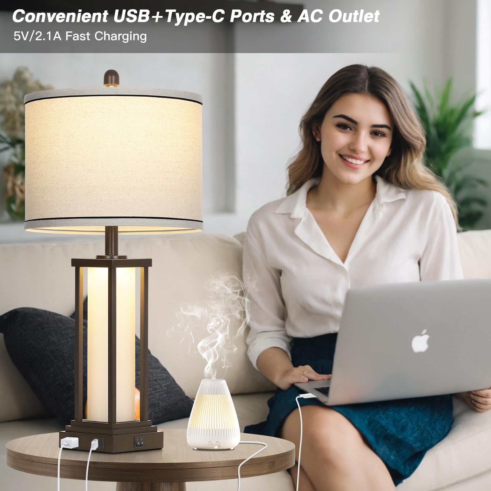 Cinkeda Vintage Table Lamps Set of 2, 27" Tall, Oil-Rubbed Bronze, USB & Outlet, Frosted Glass, Rustic Bedside Lighting for Living Room