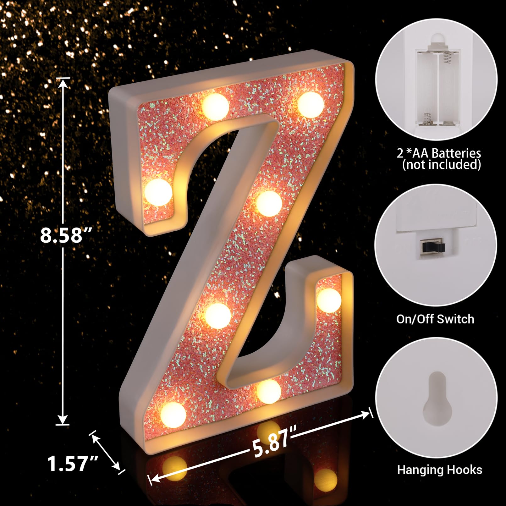 TRONSBOO LED Letter Light - Pink Glitter Marquee Alphabet Sign, Battery Powered, Model Z, Perfect for Home Party Decor and Gifts