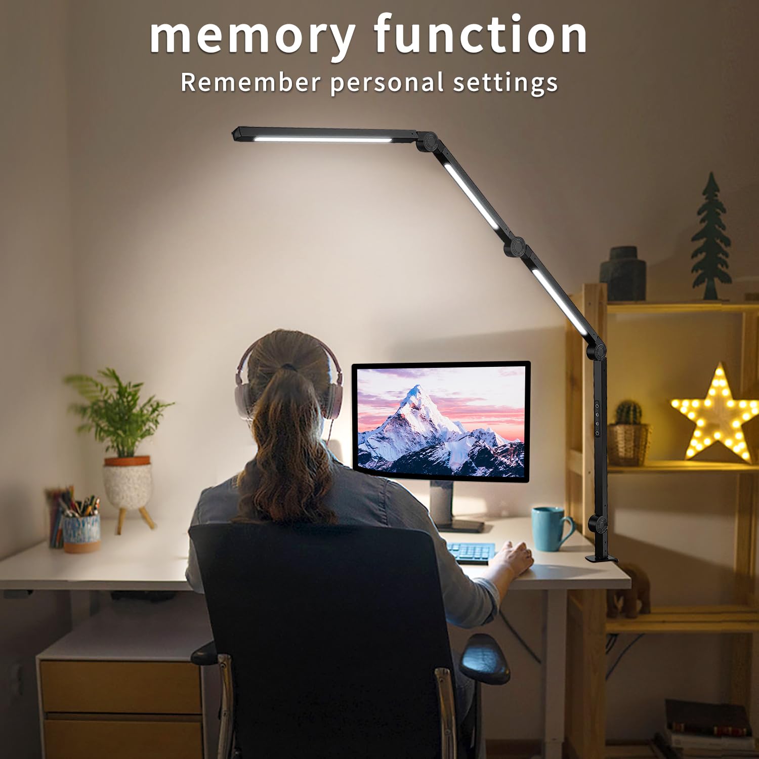 vimeepro LED Desk Lamp with Clamp, 4 Sections Swing Arm, 3 Light Sources, 4 Color Modes, 5 Brightness Levels, Black, Model vimeepro-TD