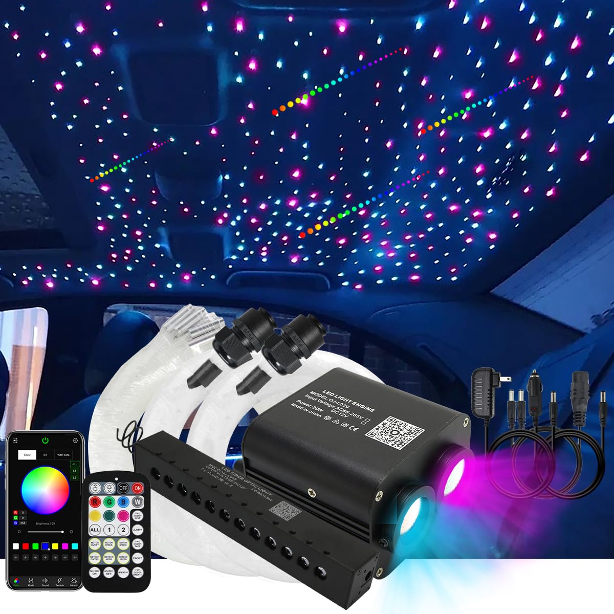 AKEPO 20W RGBW Twinkle Dual-Head Fiber Optic Lights Kit, 900pcs 0.03in 9.8ft, Colorful Meteor, Aluminum, Model QJ