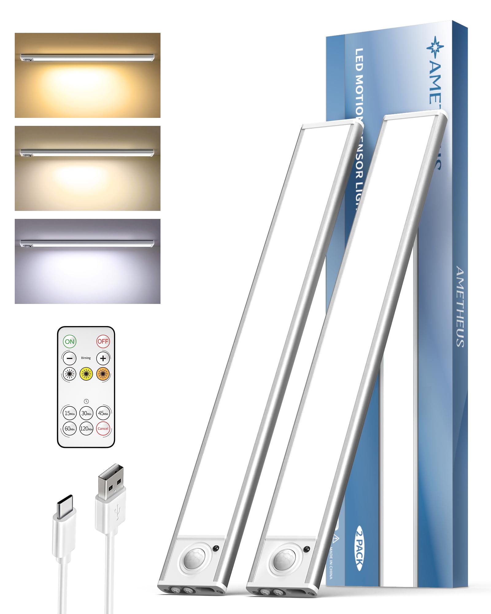 AMETHEUS Under Cabinet LED Lighting, Rechargeable Motion Sensor, 3 Color Temps, Dimmable, 12inch, 2 Pack