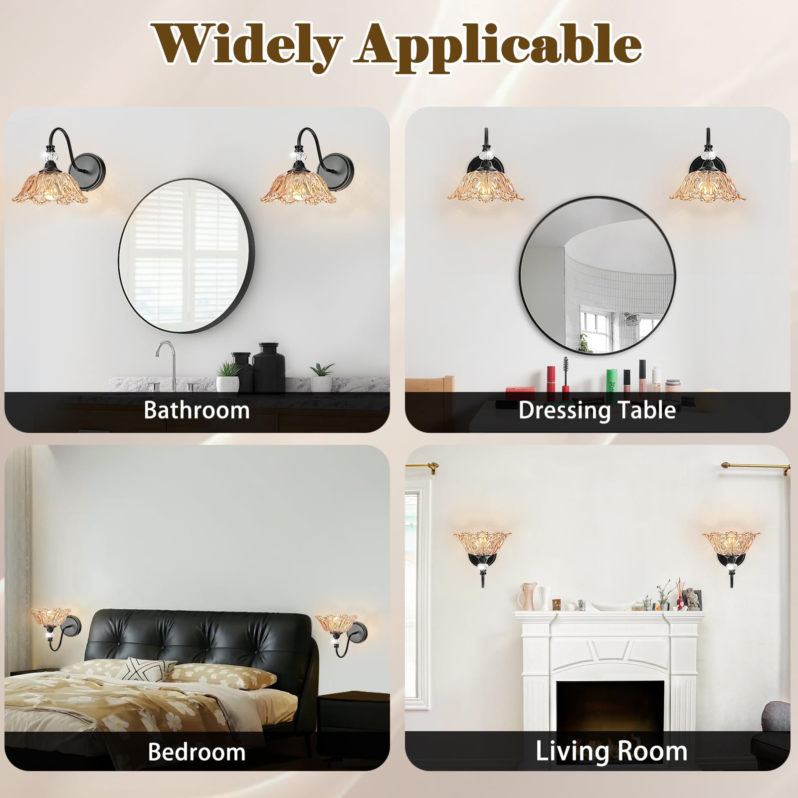 sunkryster Black Wall Sconce - Vintage Bathroom Lighting, 1-Light, Floral Amber Glass Shade, Metal, Model Sun-104AB-1-Black-Amber