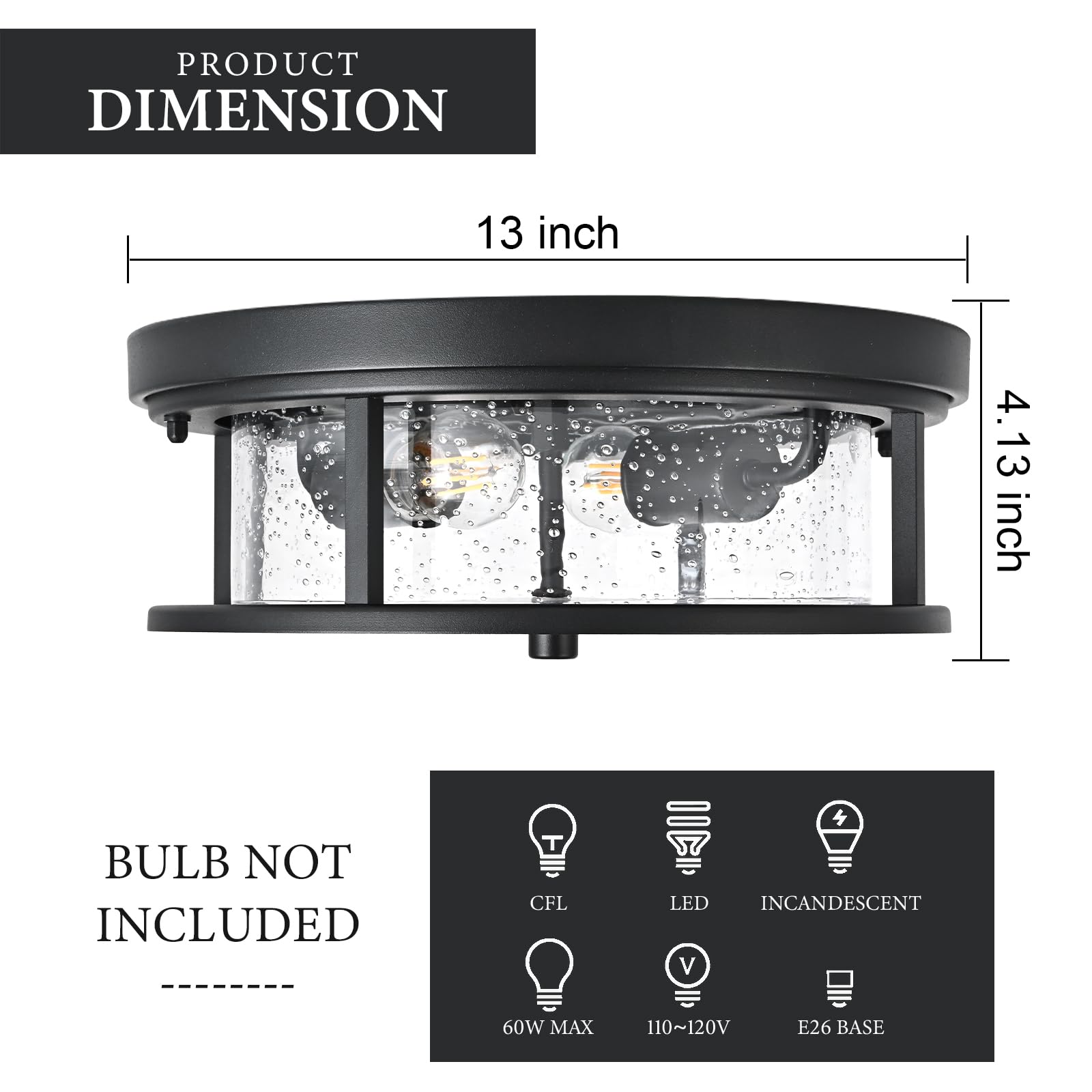 Odorpower Black Ceiling Light Fixtures Flush Mount Light, 2 Bulb With Glass Flush Mount Ceiling Light Fixture Bedroom, Indoor Outdoor Ceiling Lights For Porch Hallway Kitchen