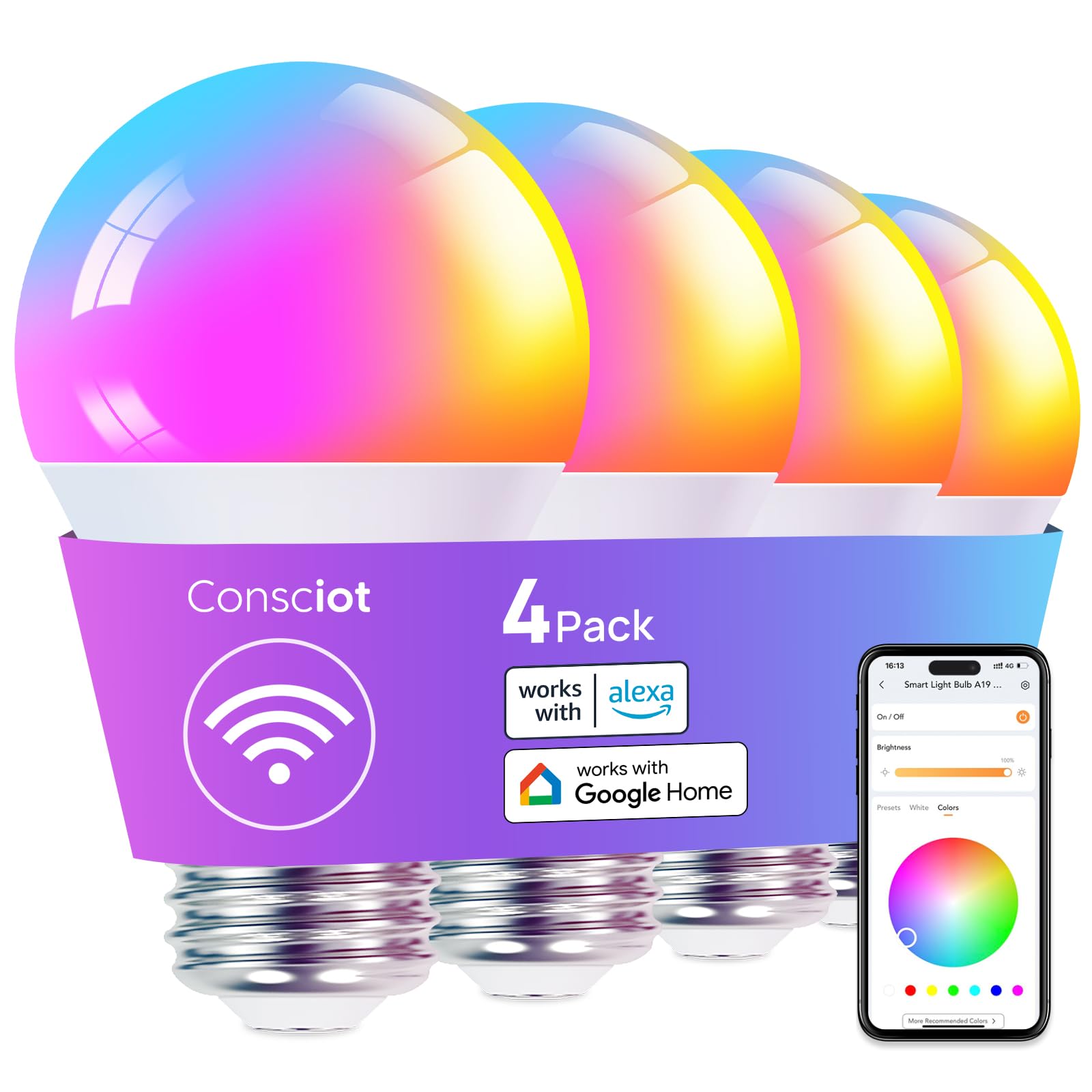 Consciot Smart Light Bulbs, Wifi Color Changing Light Bulb, Led Light Bulb That Compatible With Alexa & Google Home, A19 E26 Sma