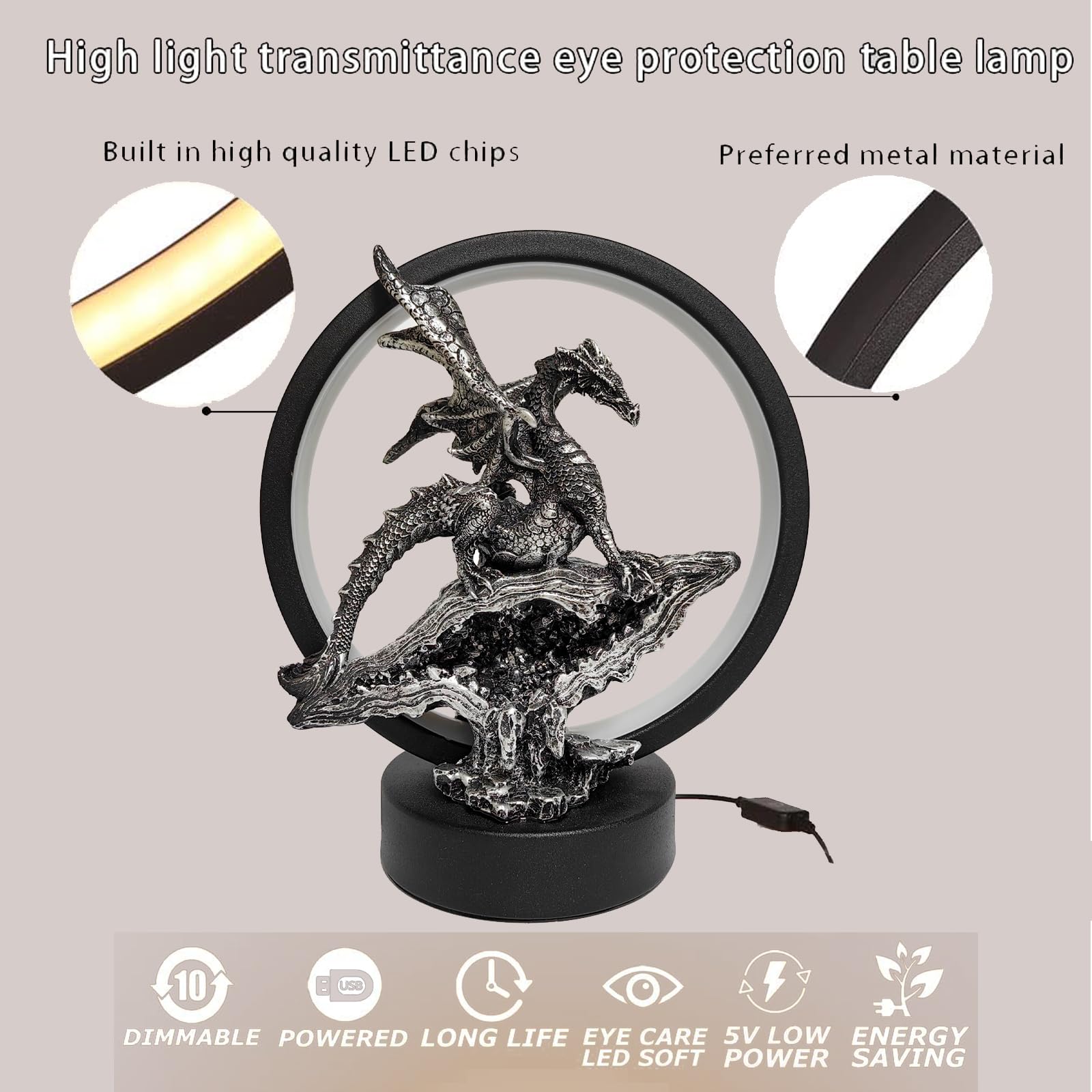 Hmusnwol Dragon Lamp Collectible Decor-Dungeons And Dragons Gifts - 6.15 Inch Led Circle Table Lamp For Dragons Lover,Bedroom/Bo