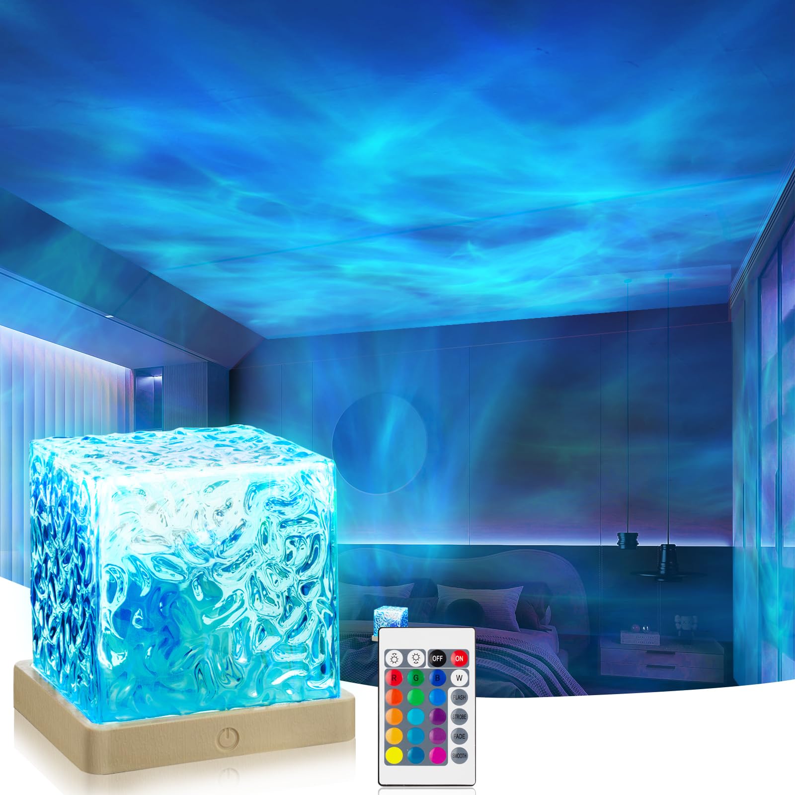 VoMii Ocean Wave Projector Light,16 Colors Luminorthe Cube Lamp with Dynamic Wave Effect,Northern Lights Projector Ambient Light