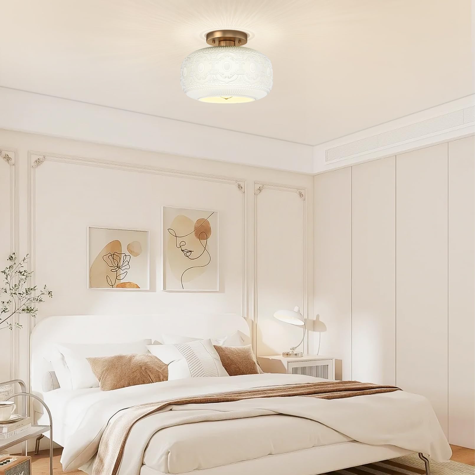 Oykyohei Gold & White Glass Semi Flush Mount Ceiling Light Fixture For Kitchen & Hallway