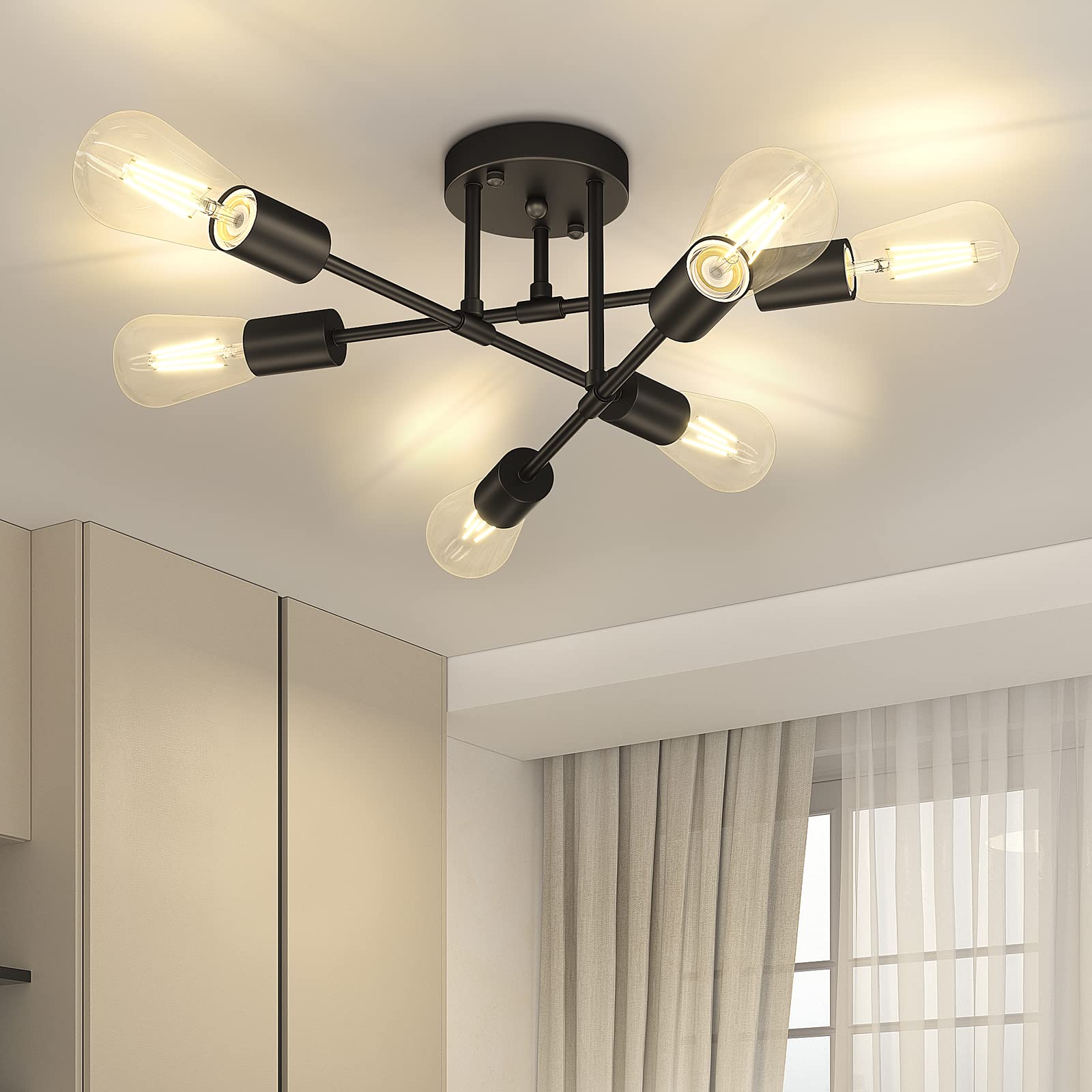 Asnxcju Modern Semi Flush Mount Ceiling Light, 6-Lights, Black Metal Sputnik Chandelier for Dining Room, UL Listed
