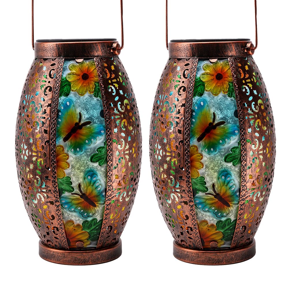 OUISJYER Solar Lantern - Outdoor Waterproof Glass & Metal, Large Hanging Tabletop Lamp, Butterfly Design, 2 Pack