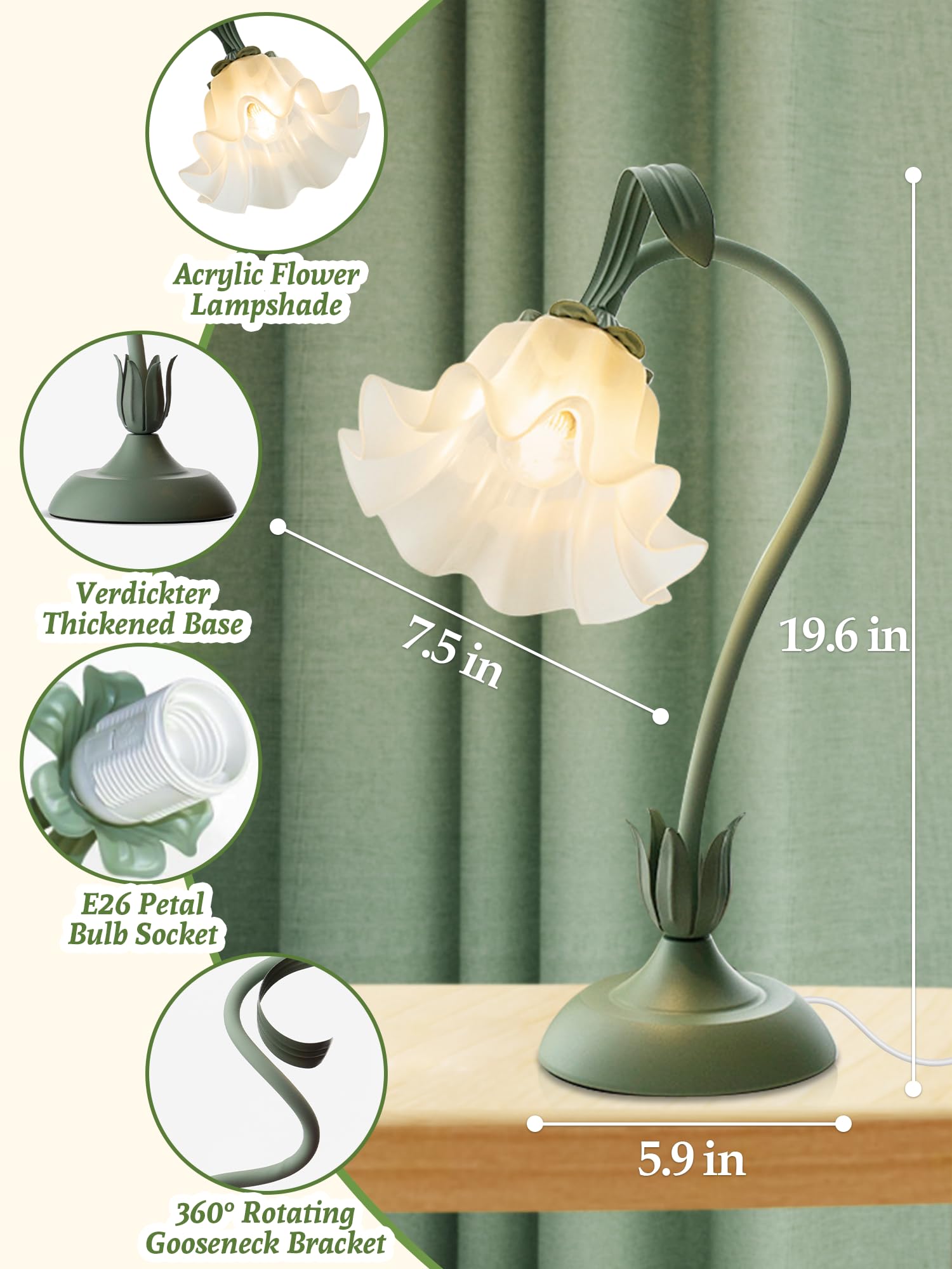 WULCFCH Flower Table Lamp LED Reading Light, Vintage Design, Acrylic, Green, Model huadeng-1, Cute Small Nightstand Lamp for Home Decor