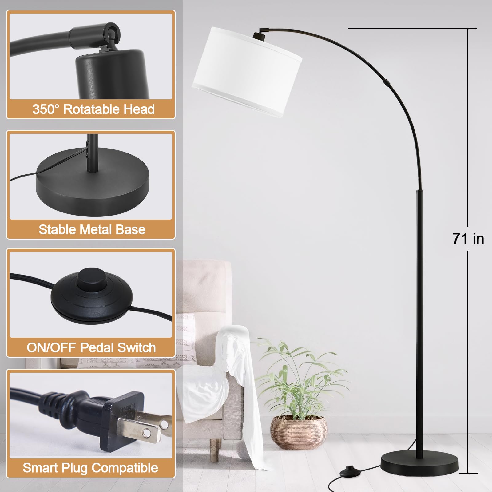 Luvkczc 71'' Arc Floor Lamp For Living Room With Adjustable Lamp Head, Black Pole Lamp With White Shade, Standing Lamp With Foot