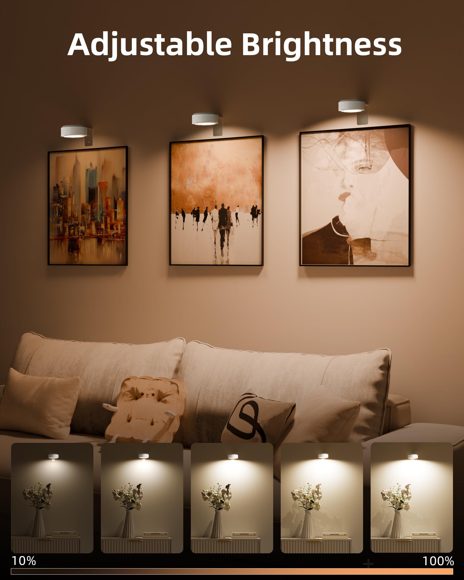 EZVALO Picture Lights - 3 Pack Magnetic Wall Art Lights, 2000mAh Rechargeable, 3 Color Temps & RGB, Remote Dimmable, White