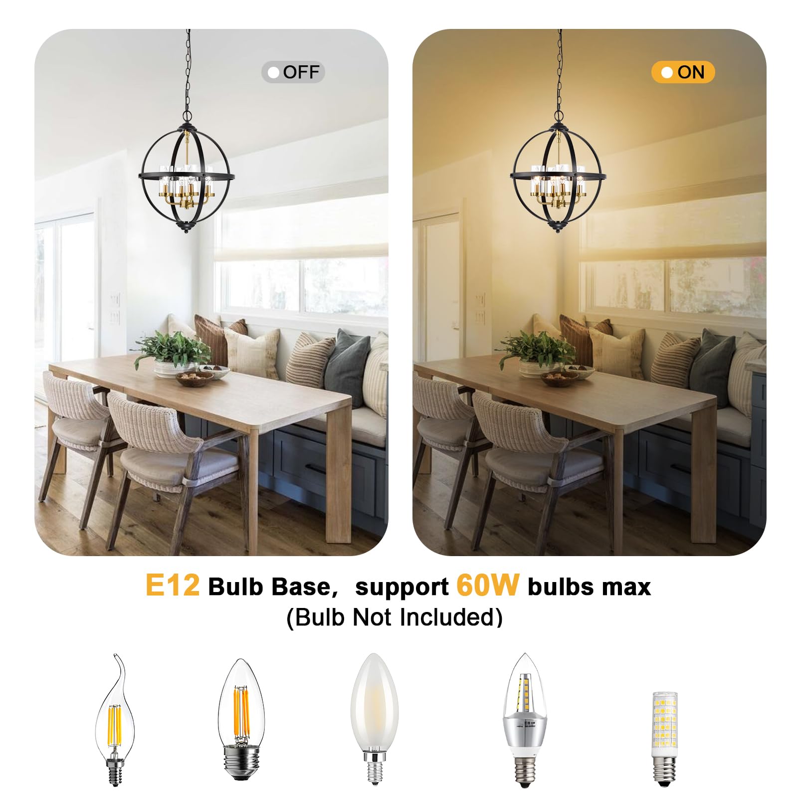 Treekee Rustic Chandelier, 14" Black and Gold 3-Light Pendant Light for Kitchen, Dining Room, Living Room, Iron Construction