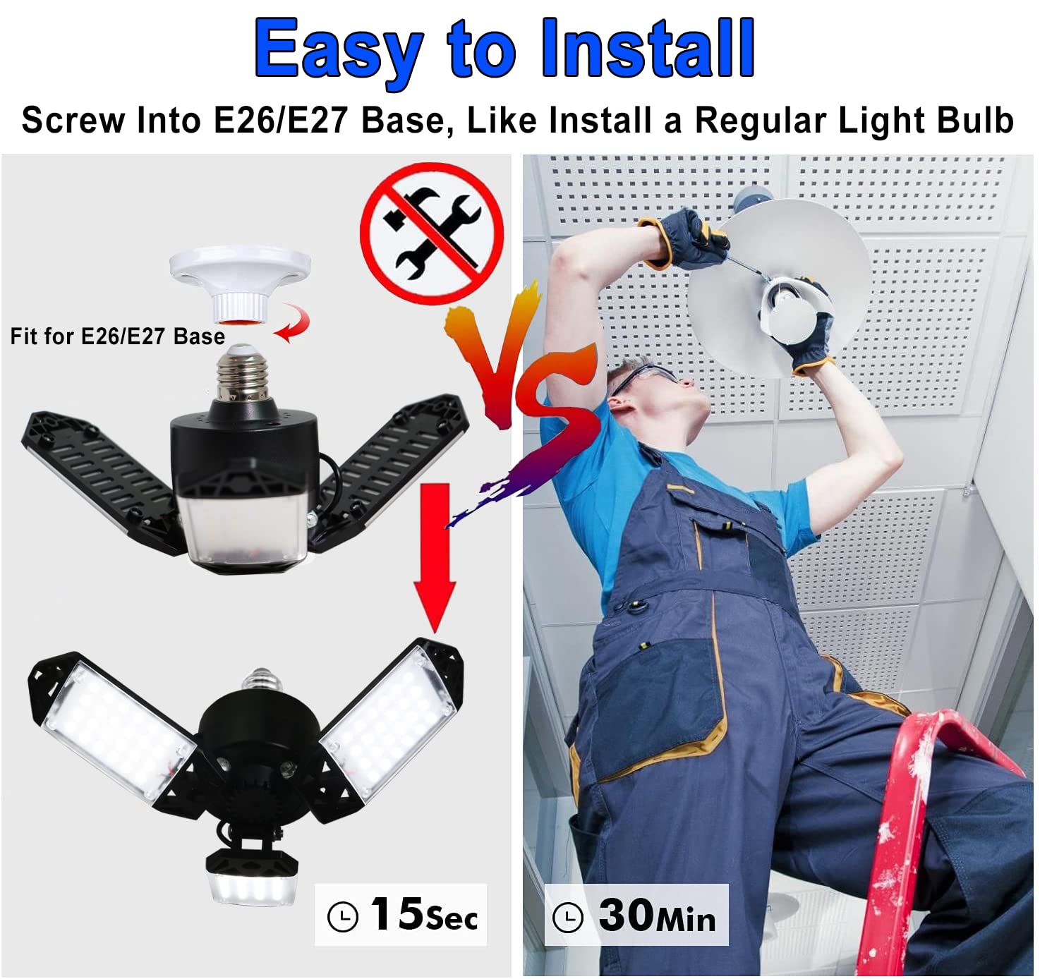 Meiqils 150W LED Garage Light, 4-Pack, 4+1 Adjustable Panels, 15000 Lumen, Black