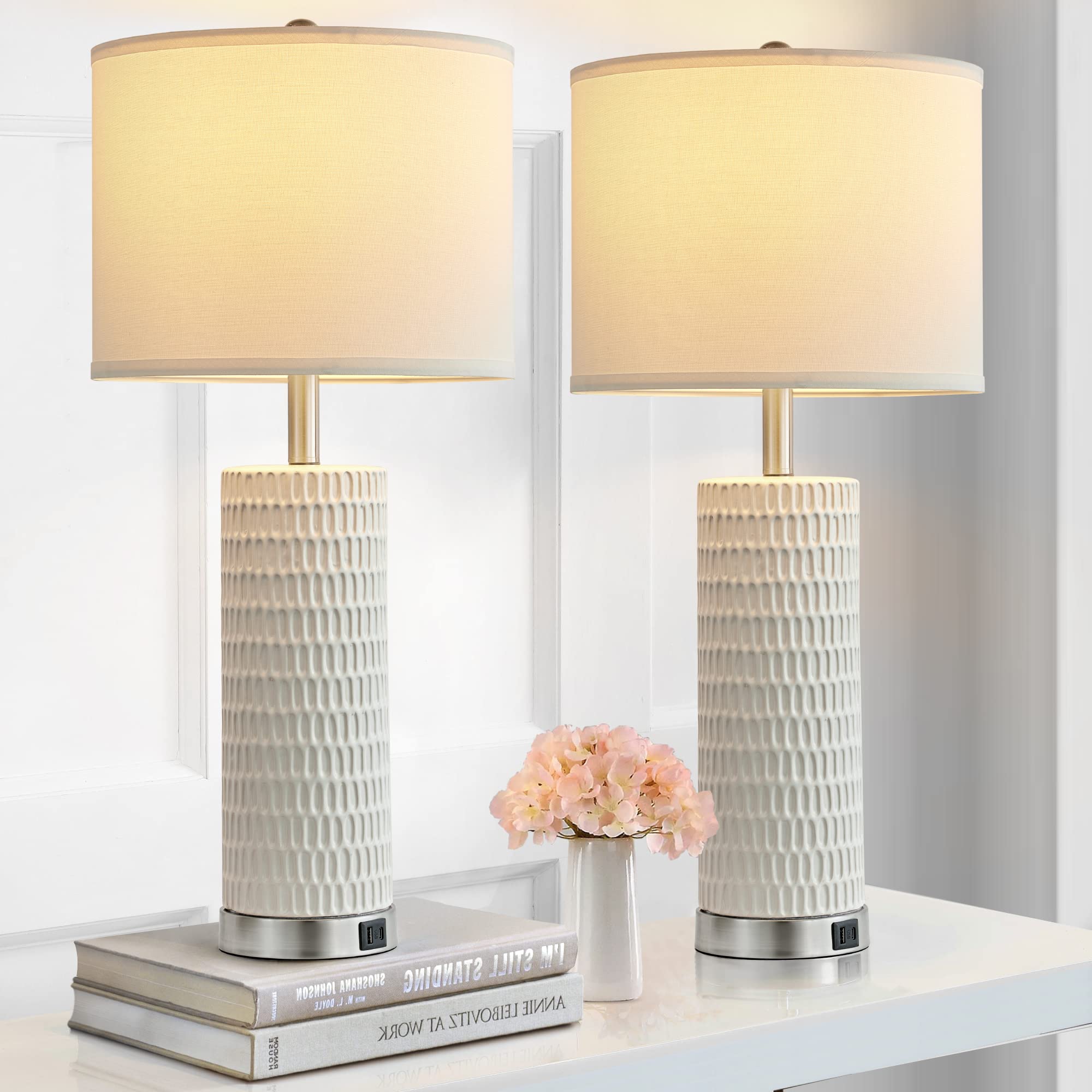 Reaketon 28" Ceramic Table Lamp Set of 2 - 3 Way Dimmable Touch Control with USB Ports, Modern White Nightstand Lamps, Model 22102-1T