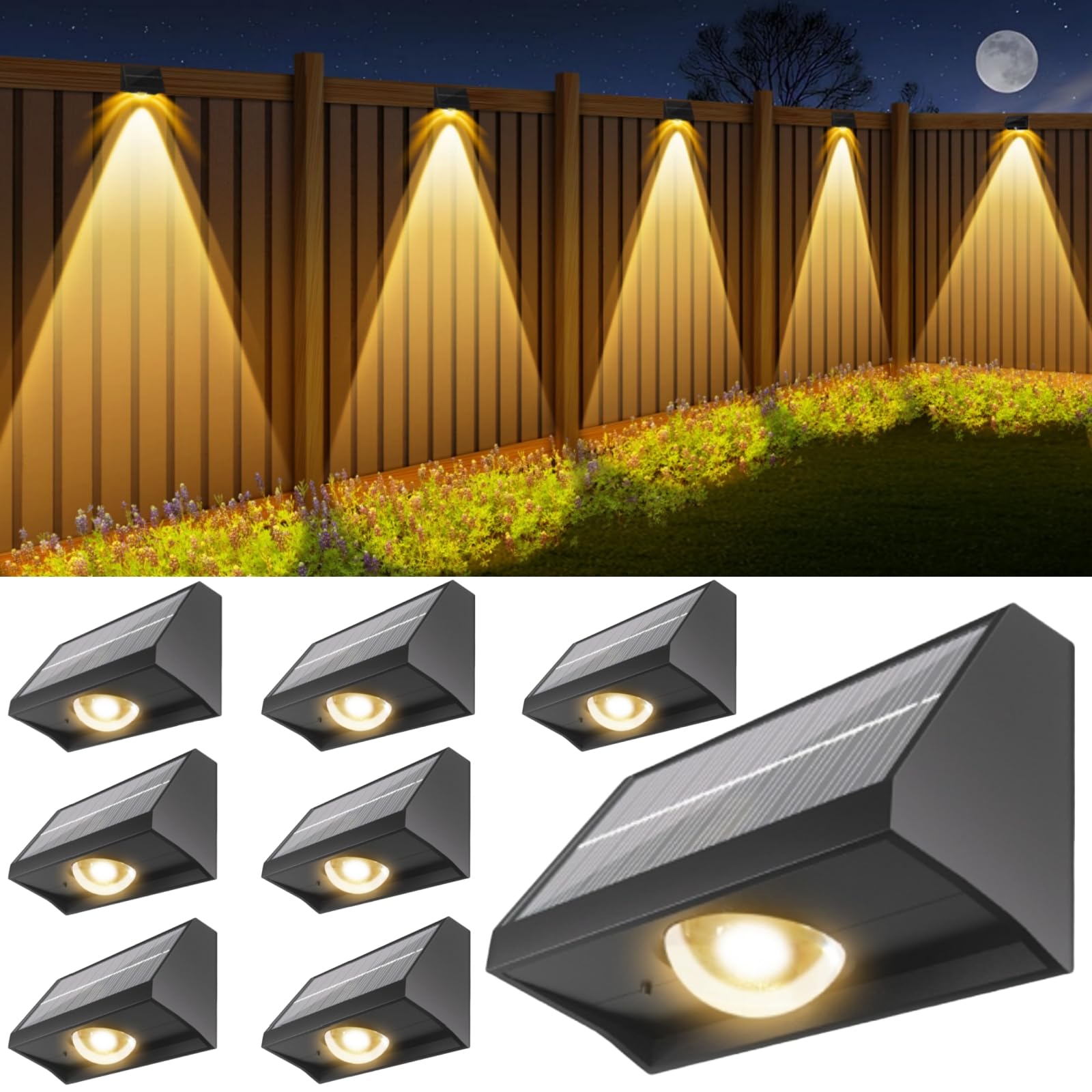Solar Fence Lights Outdoor Waterproof High Brightness LED Spot Lens Deck Lights 7 Mode Warm & Cool White RGB Solar Powered Wall 