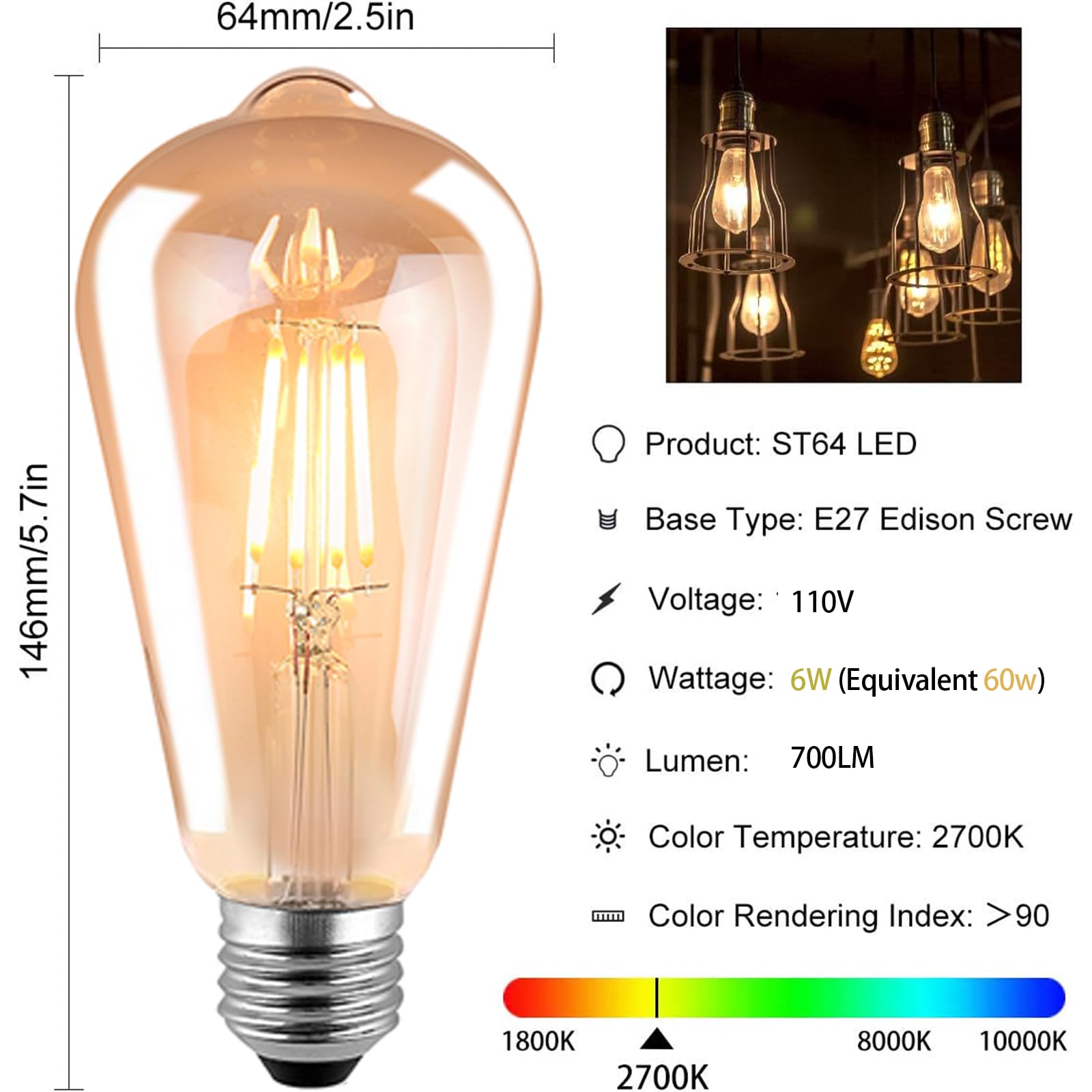 Hession St64 Led Edison Bulbs, 4W Equivalent 40W, Soft Light Amber Glass 2700K, Led Filament Bulbs With 90+ Cri E26 Medium Base,