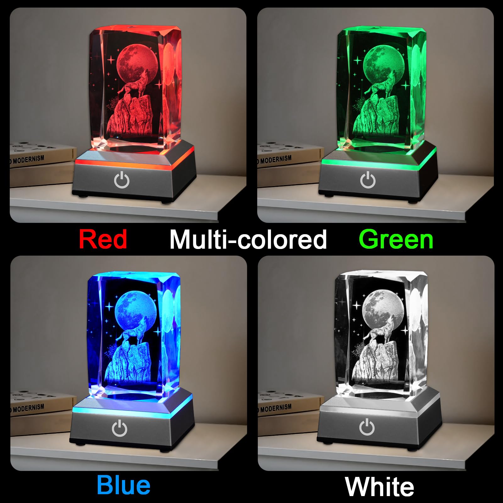 Eicxjui 3D Wolf Crystal Night Light With Multicolor Led Base Glass Laser Engraved Wolf Figurines Statue Gifts For Boys Girls Bir