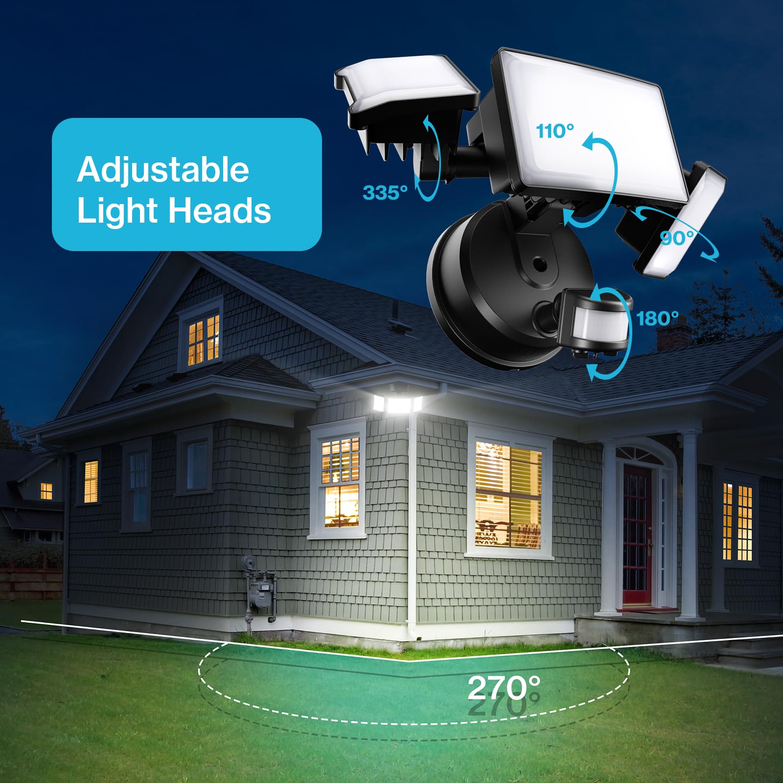 Olafus 65W Motion Sensor Outdoor Light, 6000LM, 6500K, 3 Adjustable Heads, IP65 Waterproof, Black, Model BDB55G-3,
