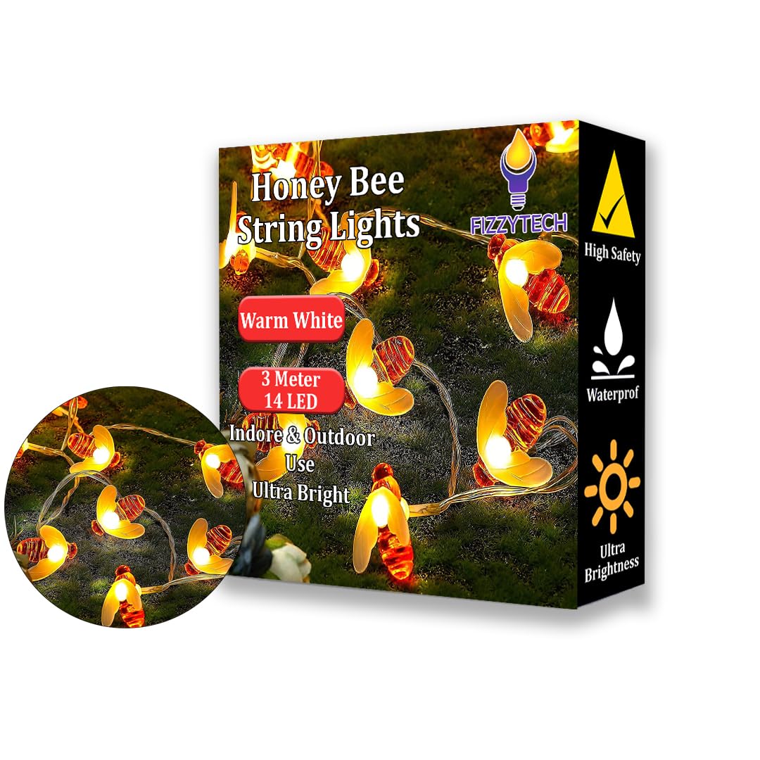 fizzytech Plastic Honey Bee String Lights of Home Decoration Diwali Light for Decorations (3 Meters 14 Led,Warm White)