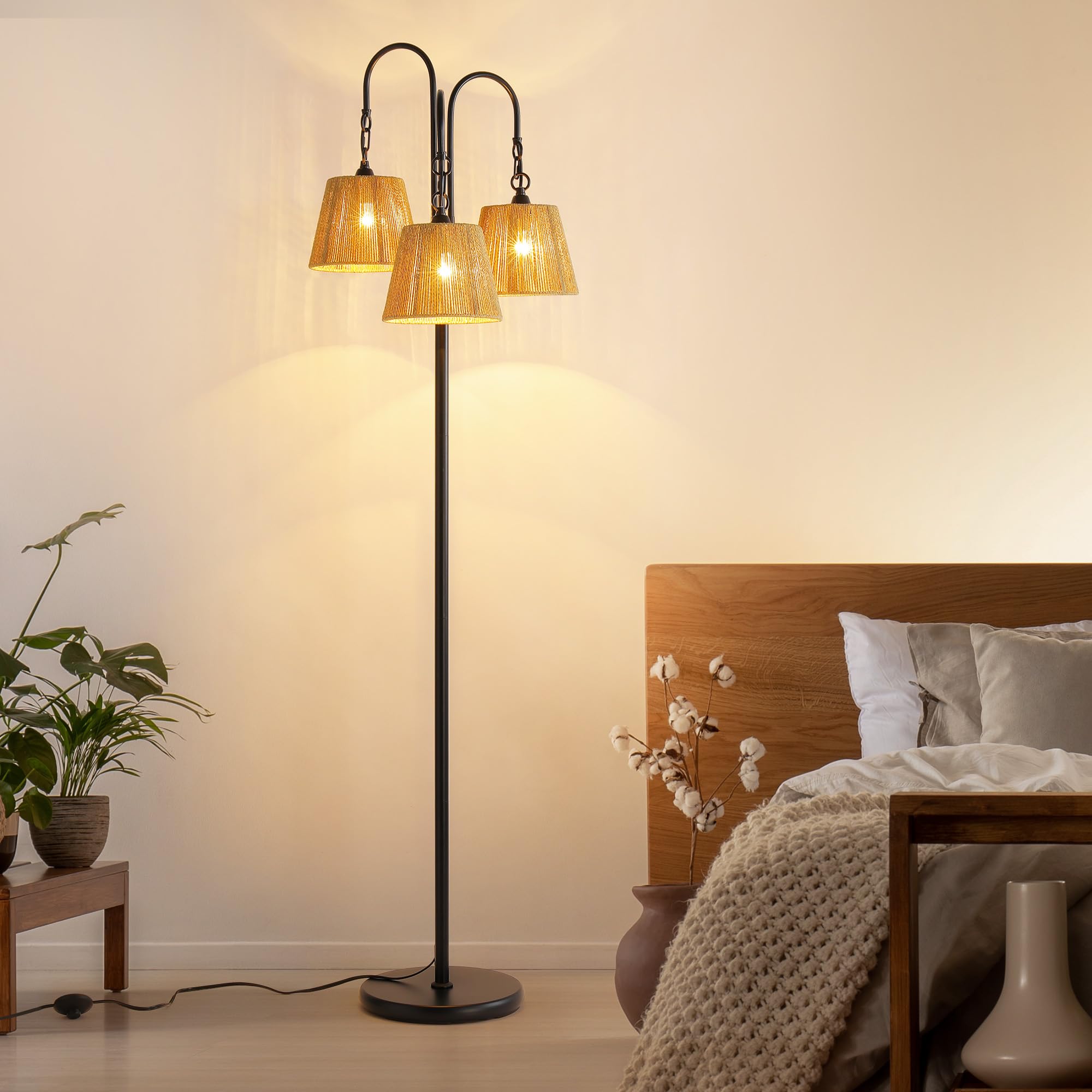 Rattan Floor Lamp, 68In. Boho Floor Lamps With Natural Shade, 3-Light Tree Lamp For Coastal, Beach Or Bohemian Style Decor, E26 Socket, On/Off Footswitch Lamp For Living Room, Bedroom (Bohemian-Black)