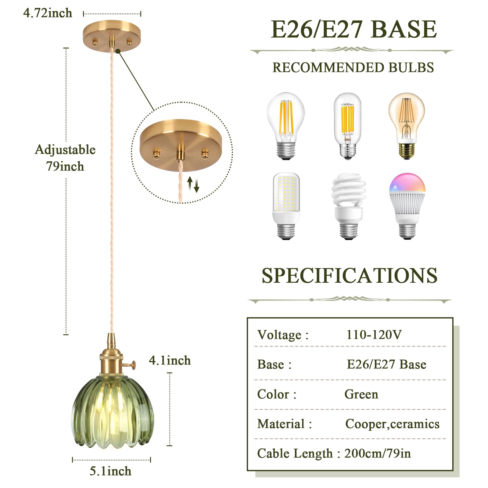 Loiogohot Pendant Light Fixtures,Mini Hanging Lights Green Glass Vintage Pendant Light 5.1Inch E26 Hanging Light For Bedroom Liv