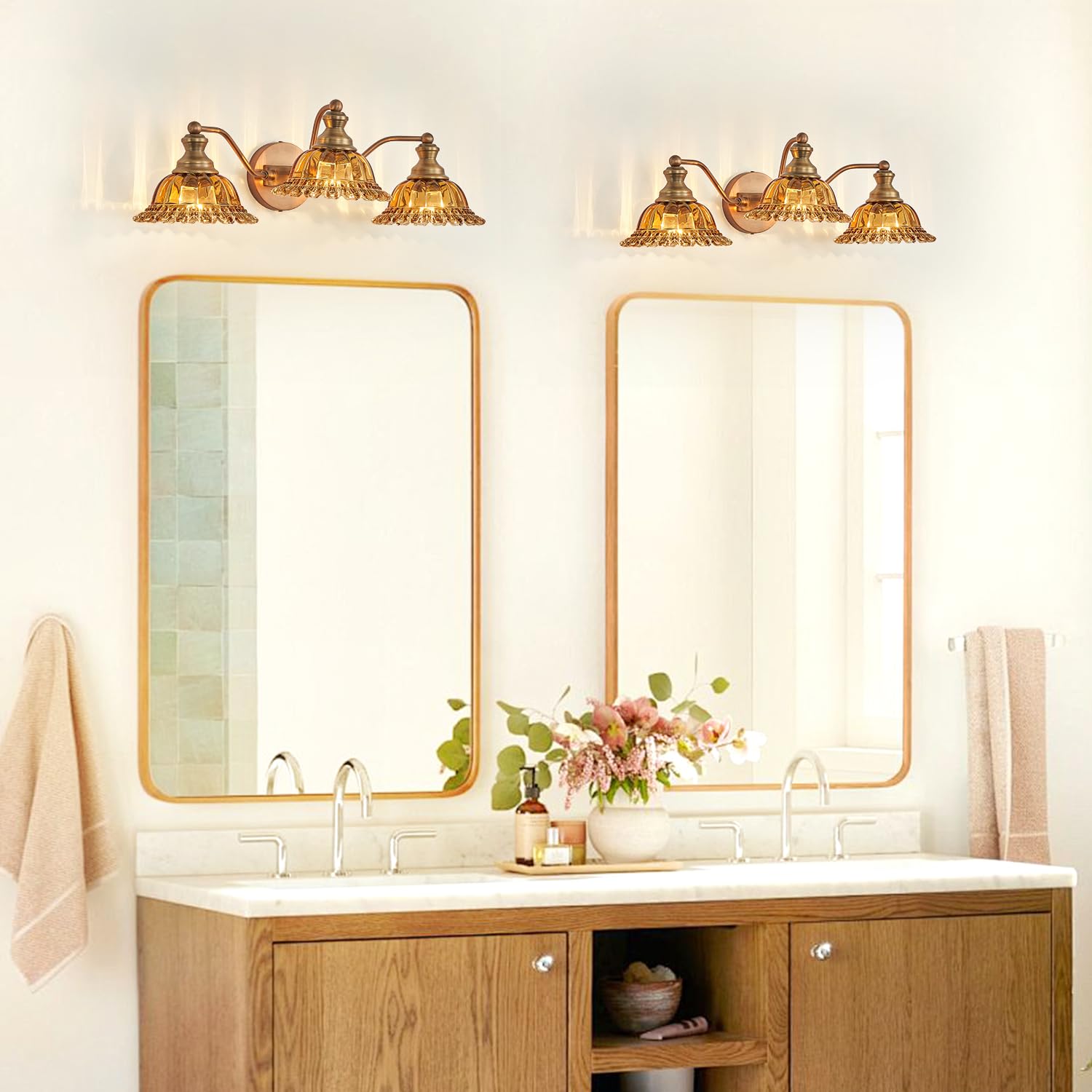 XIEDUN 3 Light Vanity Fixture - Brass and Tea Colored Glass, Metal, Model W338-3SC
