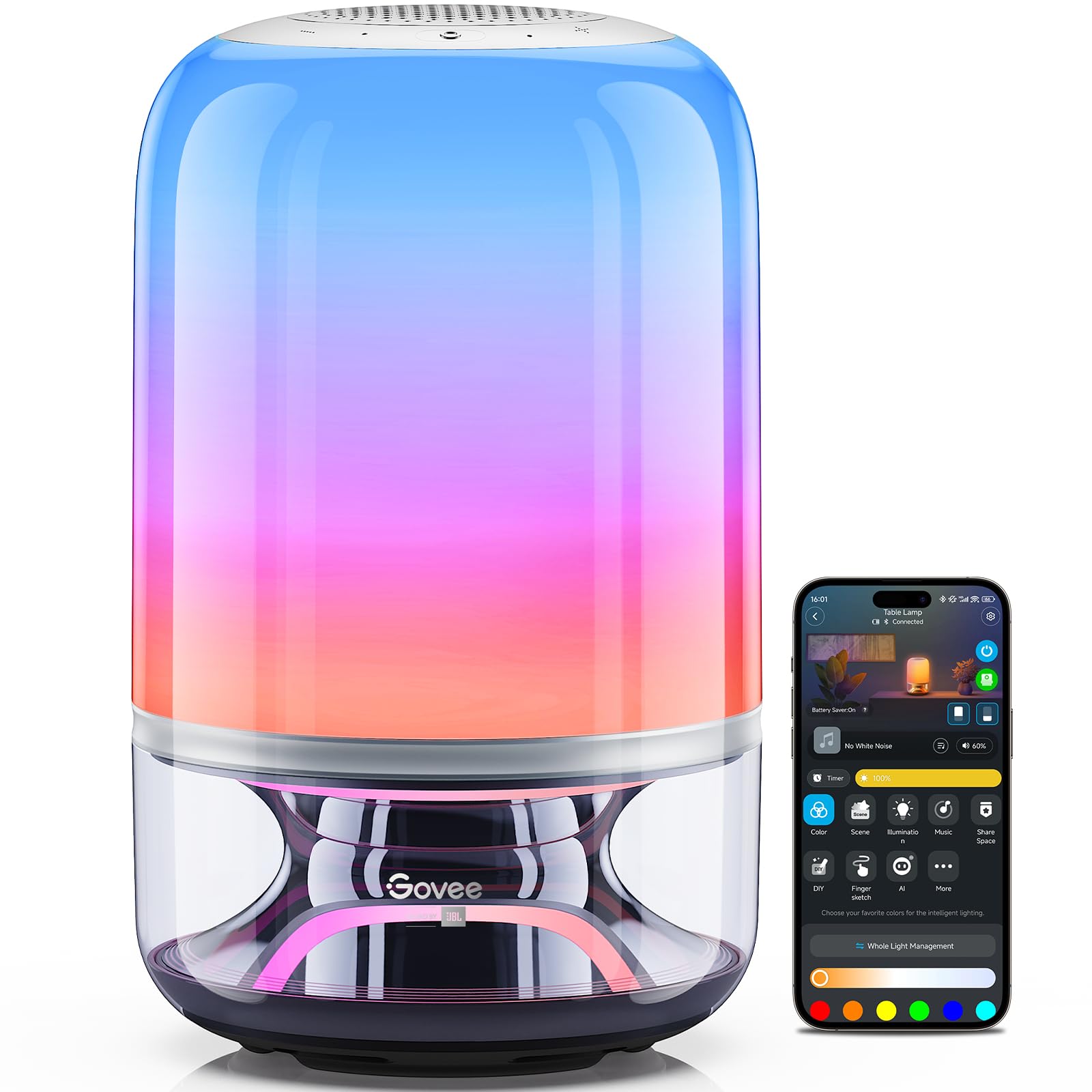 Govee Table Lamp 2 Pro x Sound by JBL, Smart Cordless Table Lamp with Speaker, Music-Light Sync, 16 Music Modes & 100+ Scene Mod