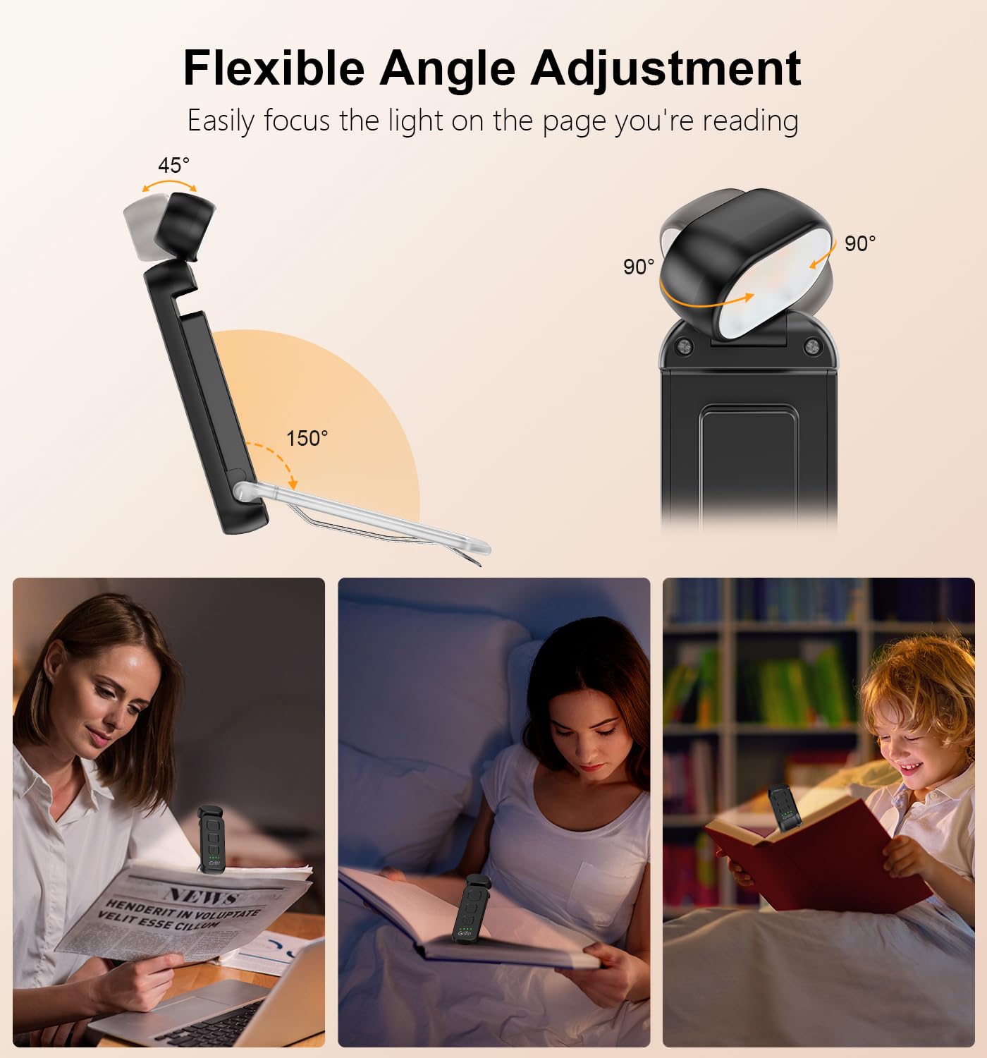 Gritin Rechargeable Book Light - Eye Caring 3 Color Temperatures, 5-Level Dimmable, Compact Black Clip-on Lamp, Model G1313