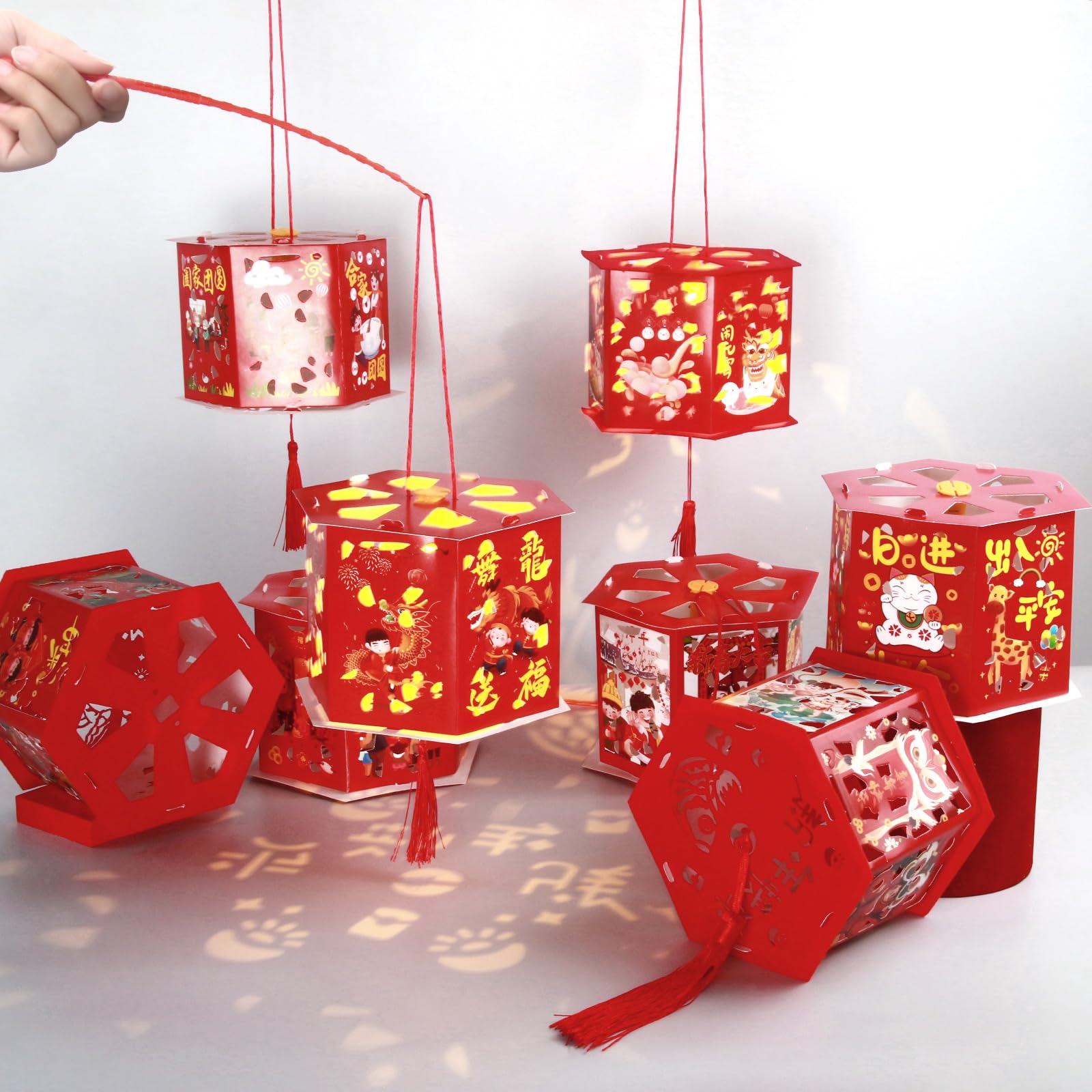 8Pcs Lunar Chinese New Year Lanterns - Snake Chinese New Year Red Paper-Cuts Lucky Lanterns Festival Decorations For Kids