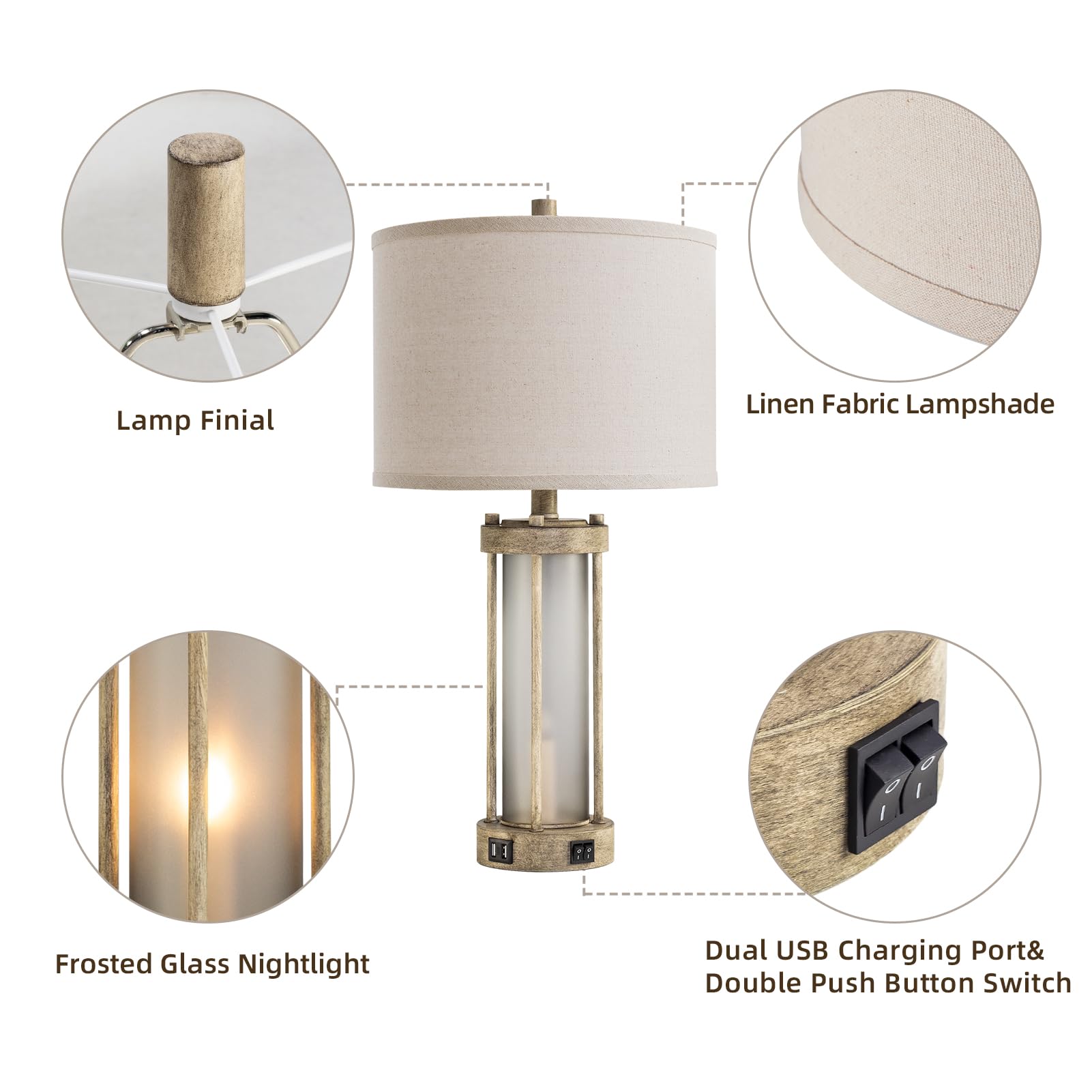 Farmhouse Table Lamps Set Of 2 For Living Room, Vintage Bedroom Nightstand Lamp With Dual Usb Ports, Bedside Lamp With Frosted G