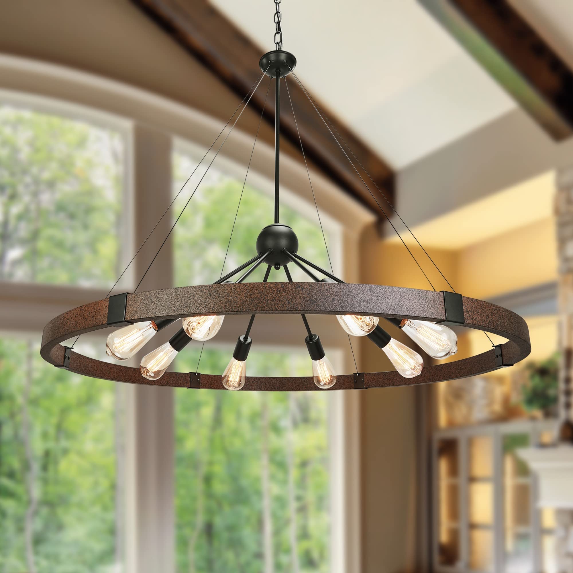 Klgxnrd 38.2'' Large Farmhouse Wagon Wheel Chandelier for Living Room, 8-Light Rustic Round Metal Light Fixtures for Dining Room