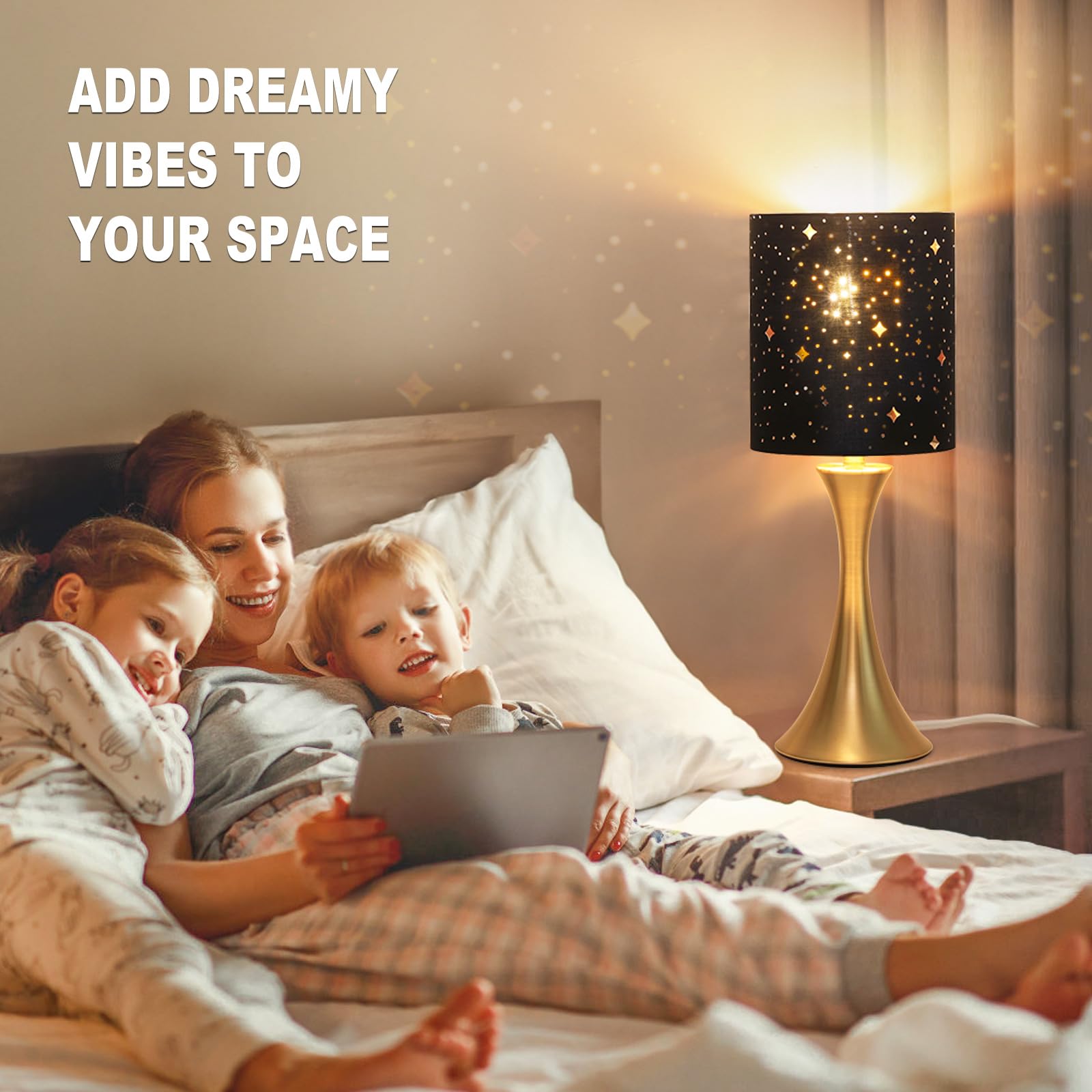 Touch Lamp For Bedroom, 3 Way Dimmable Gold Table Lamp With Black Starry Shade, Decorative Nightstand Lamp Ambient Beside Light