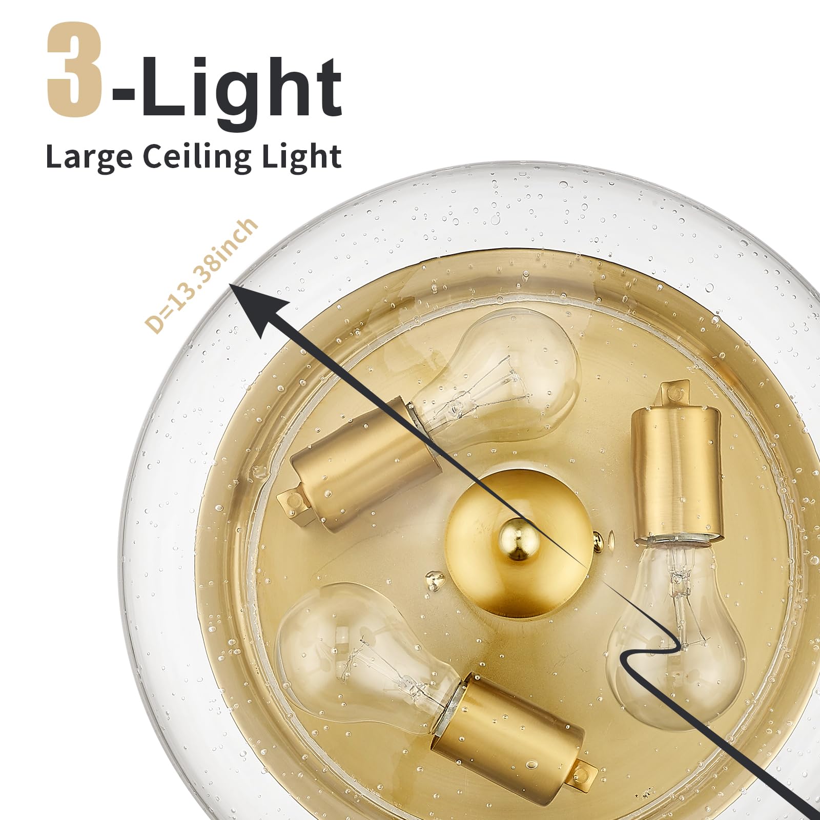 Darkaway Ceiling Light Fixture, 3-Light Flush Mount, Seeded Glass Shade, 13.38in Size, Gold Finish, Model 6T1F, Indoor/Outdoor Use