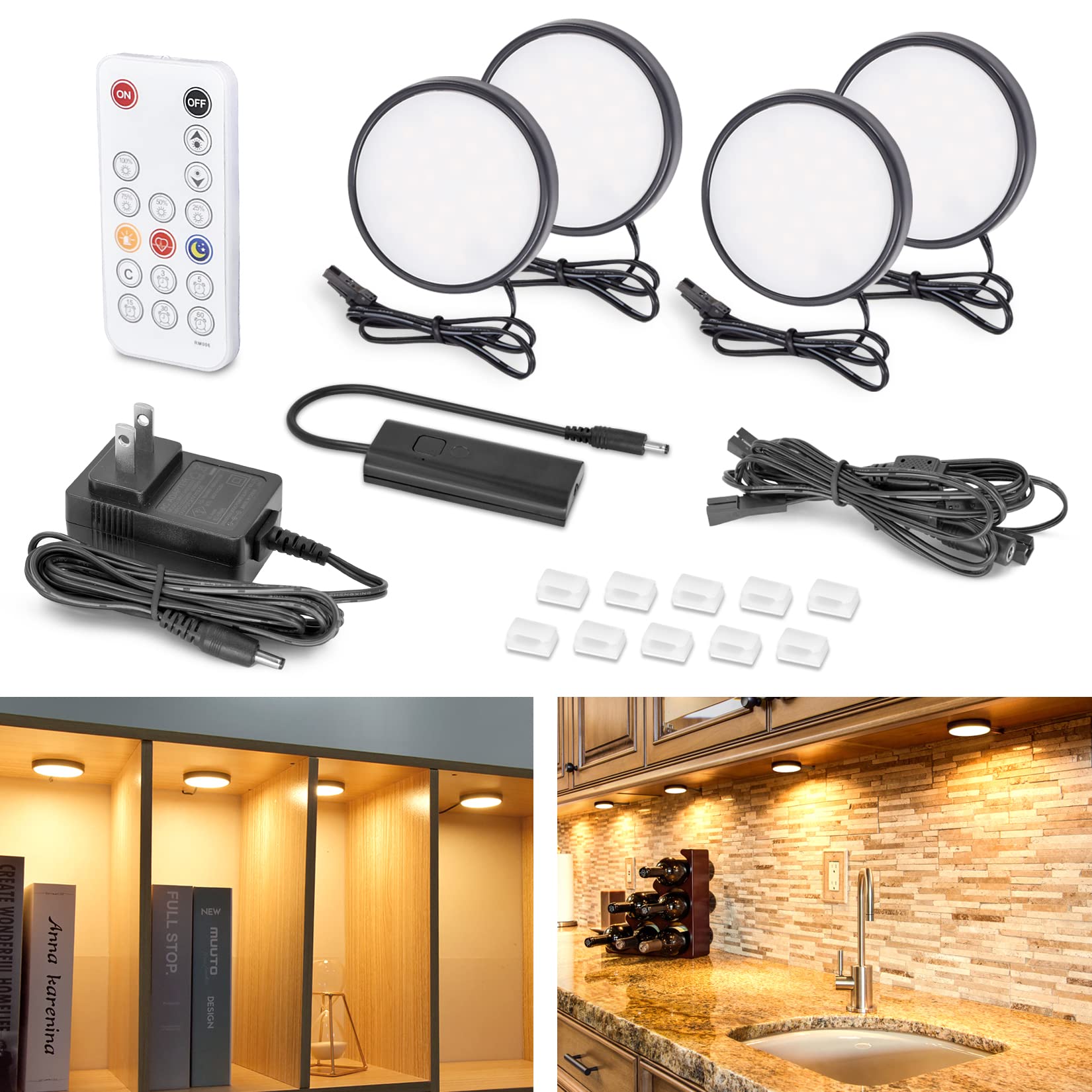WOBANE LED Puck Lights, Wired Under Cabinet Lighting Kit with Remote, Dimmable LED Counter Lighting for Kitchen,Closet,Bookshelf