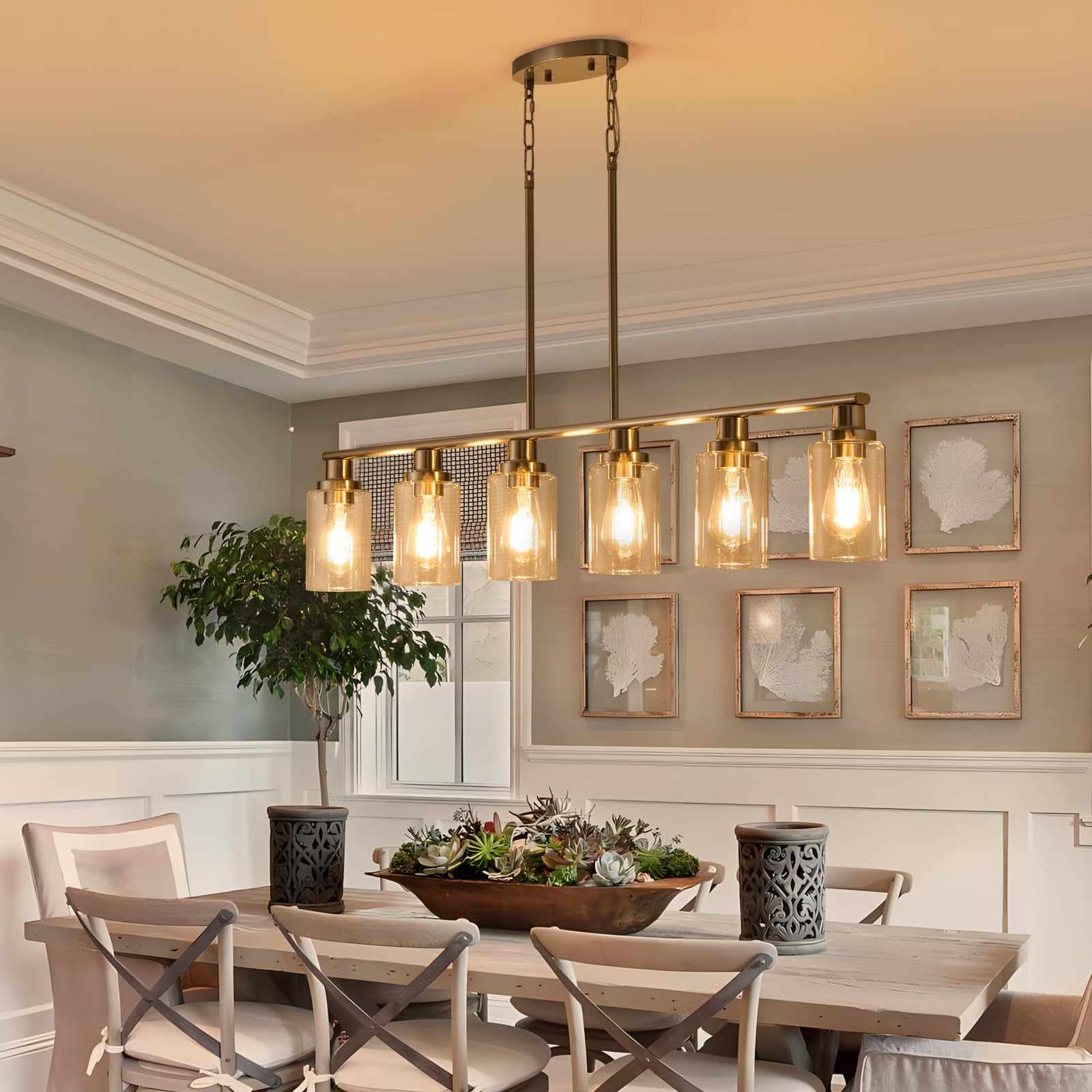 KPIOK 6-Light Linear Chandelier Pendant - Satin Brushed Nickel, Metal, Clear Glass Shade for Dining Room or Kitchen Island, Model BB003P-
