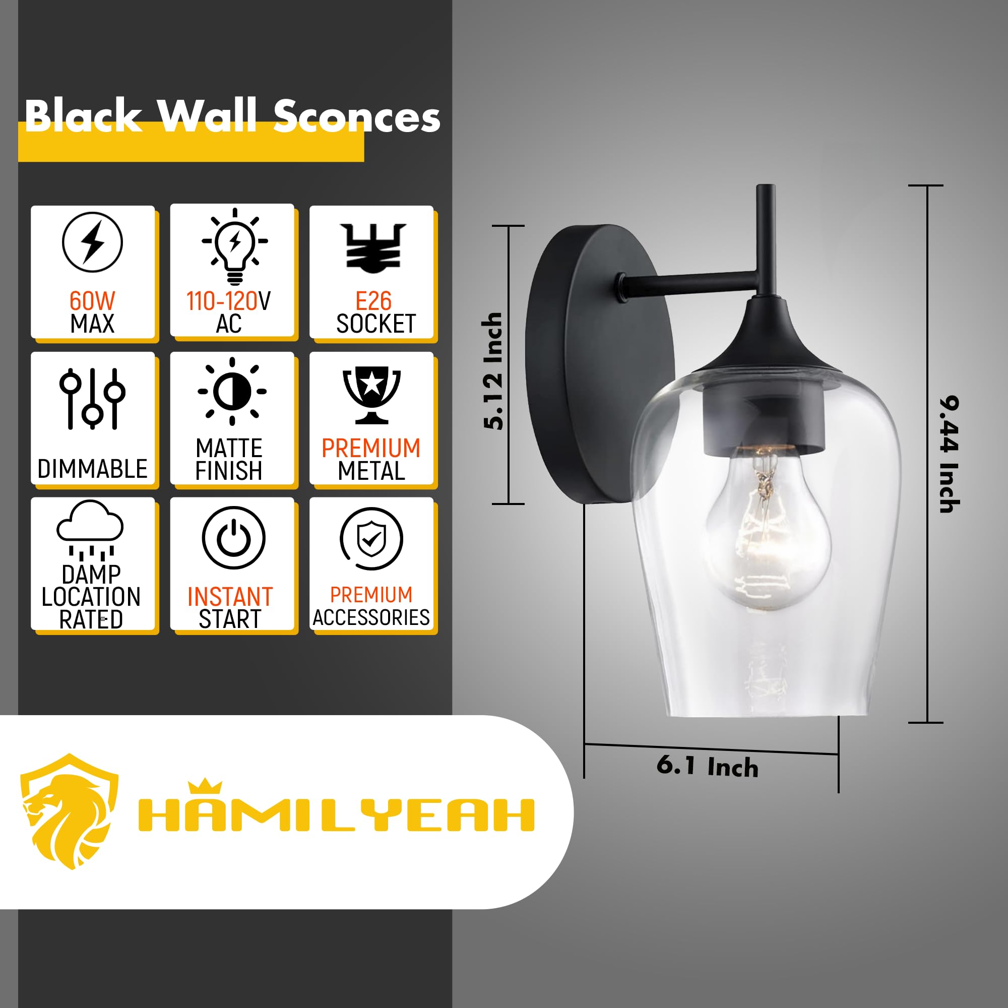 Hamilyeah Black Wall Sconces Set Of Two, Farmhouse Sconces Wall Lighting Hardwired, Bathroom Vanity Lighting With Clear Champagne Glass Shade, Indoor Wall Lamp For Kitchen Stairway Living Room