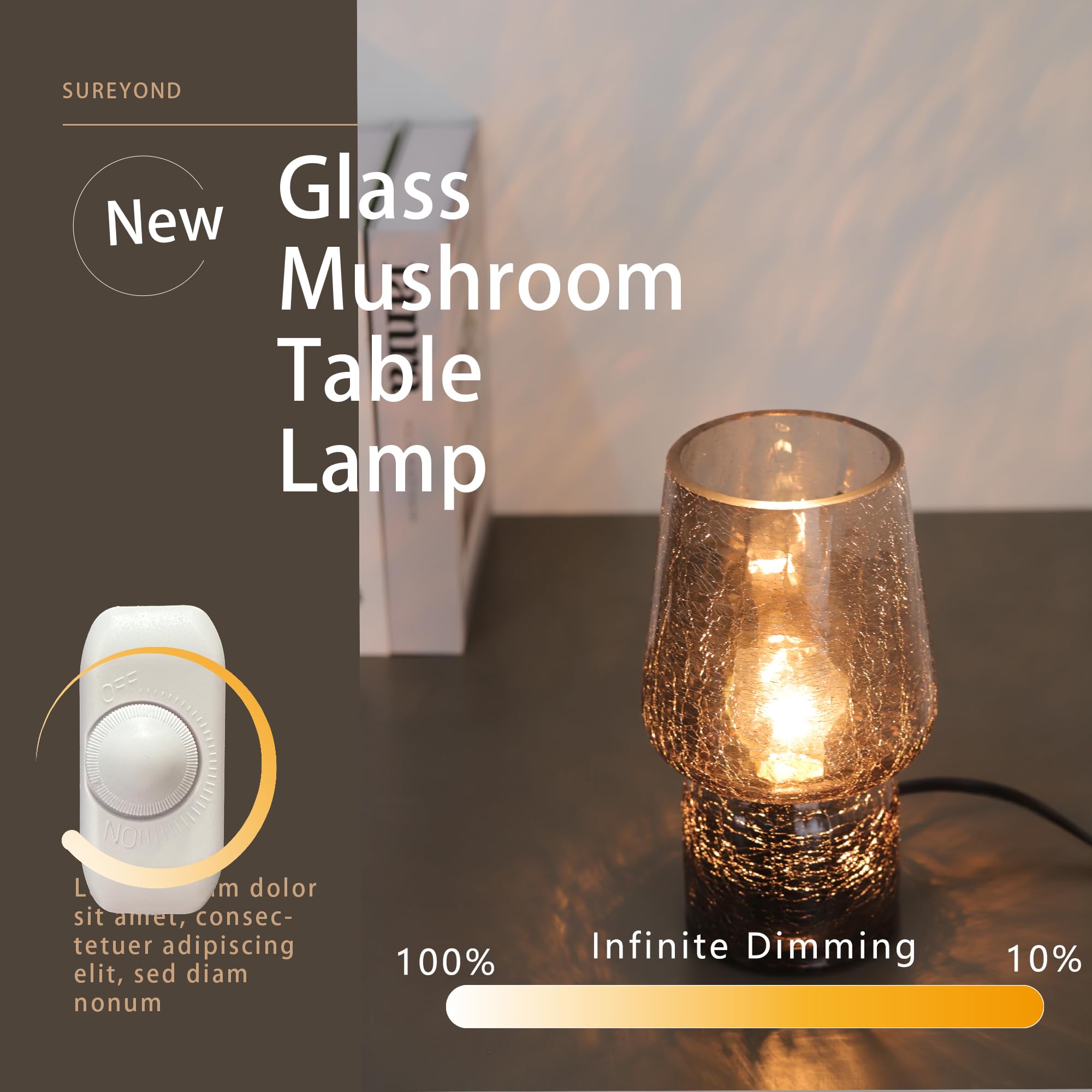 Sureyond Mushroom Lamp,Small Table Lamp,Mini Lamp Cute Lamp Nightstand Lamp Kitchen Lamp Glass Lamp,Translucent Raindrop Lamp,Suitable For Bedrooms, Kitchens, Bedside, Girl Gifts(Black)