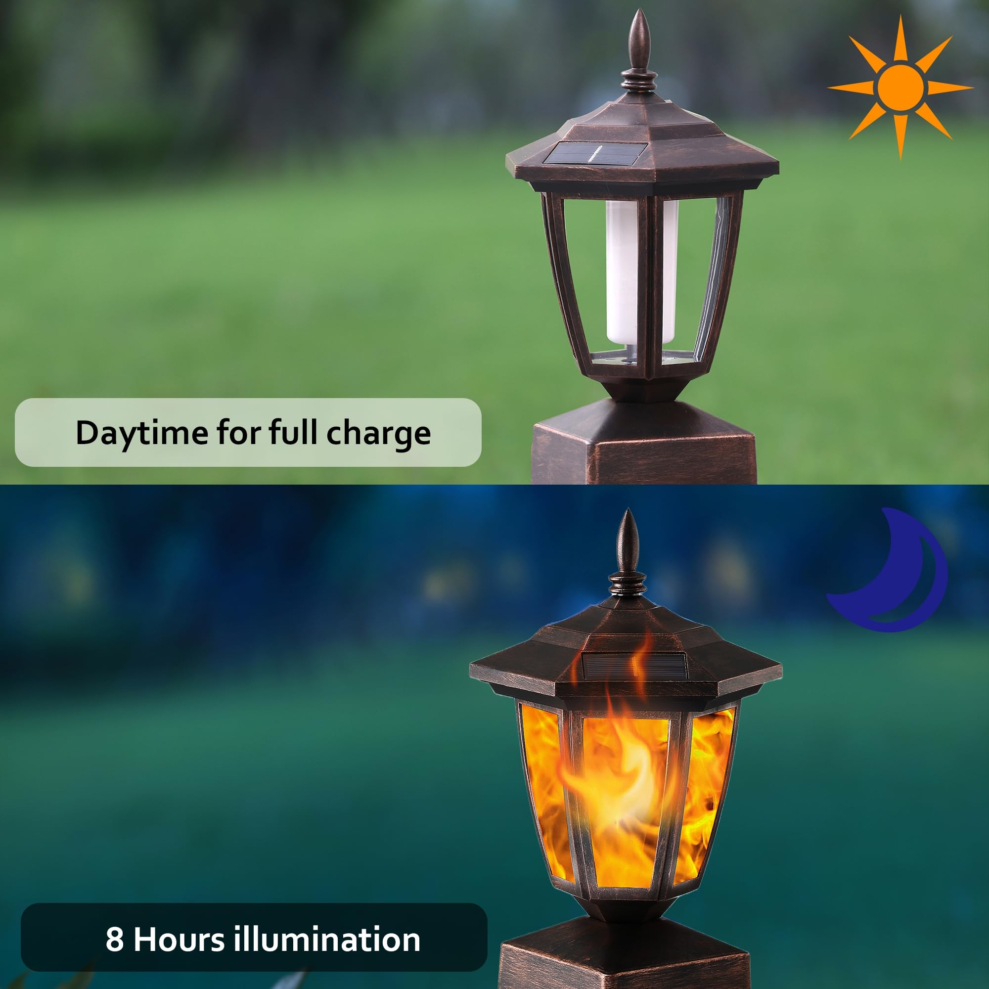 Dynaming 4 Pack Solar Flame Post Lights Outdoor, Solar Powered Lamps Fence Post Cap Lights, Flickering Flame Led Lantern Waterpr