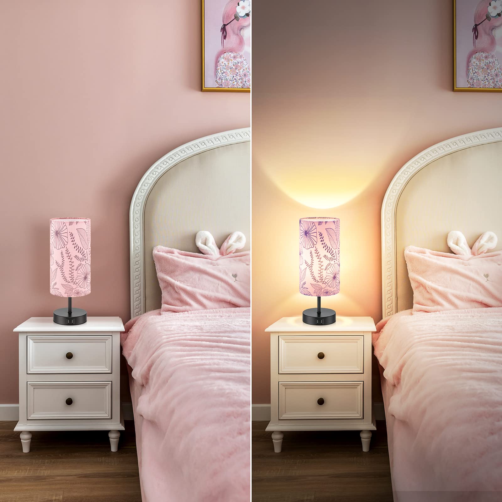 Bedside Table Lamp, Modern Touch Control Desk Lamp With 2 Usb Ports & Round Flower Linen Fabric Shade, 3 Way Dimmable Small Nigh
