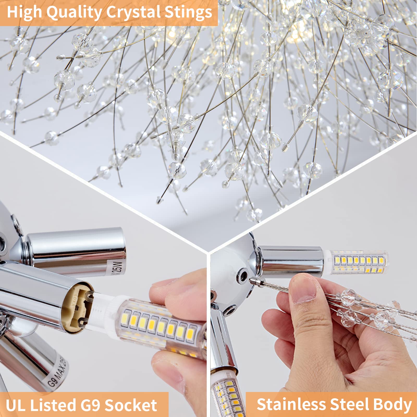 Chrome Firework Flush Mount Ceiling Light Fixture, Modern Crystal Sputnik Firework Ceiling Lights, 6-Light Close To Ceiling Lighting Fixtures For Bedroom Kitchen Hallway Entryway