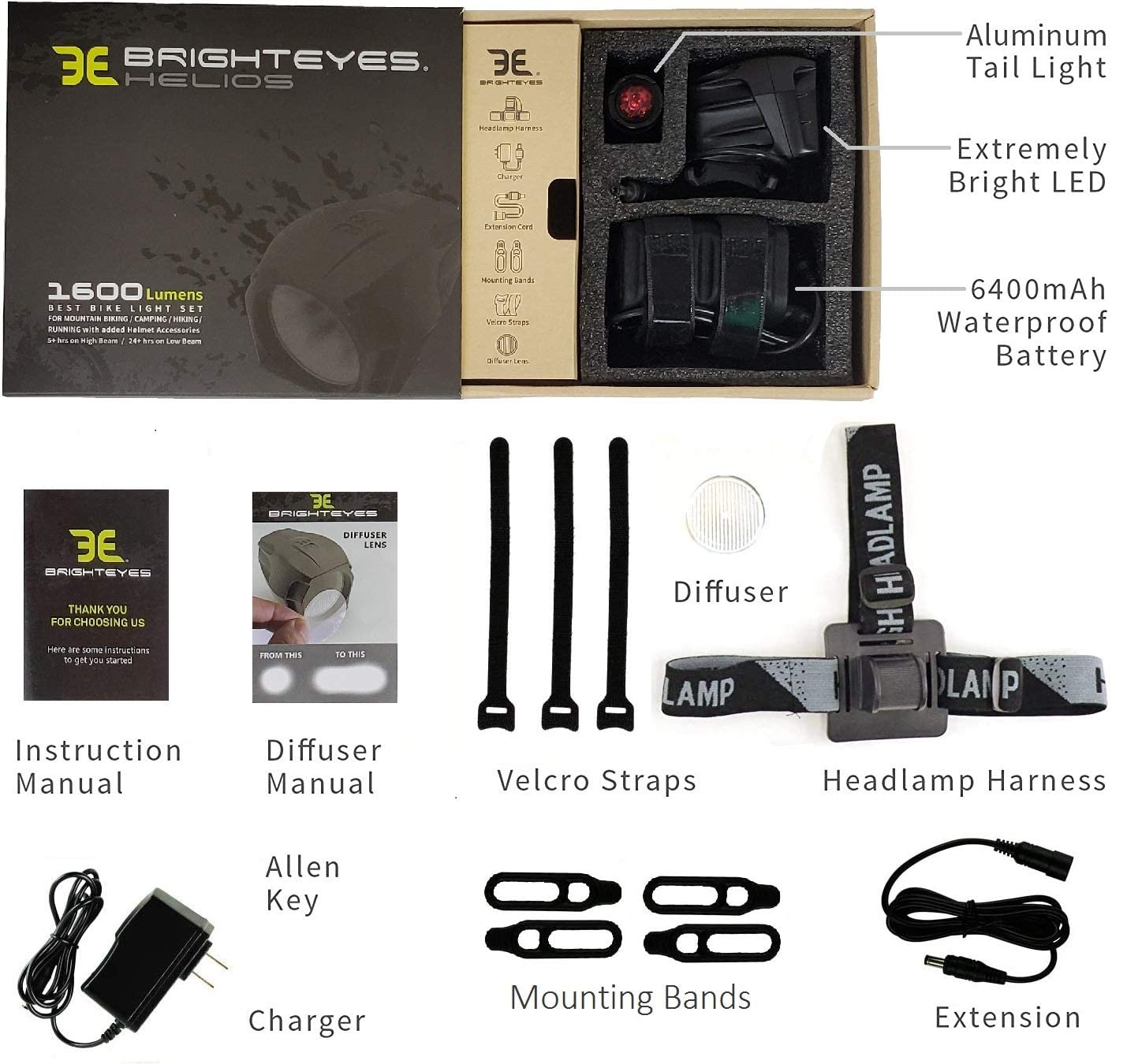 Bright Eyes Helios Fully Waterproof 1600 Lumen Rechargeable Mountain, Road Bike, Mx Headlight, 6400Mah External Battery (Now 4+ Hours On Bright Beam) - Included: Free Diffuser Lens And Free Taillight