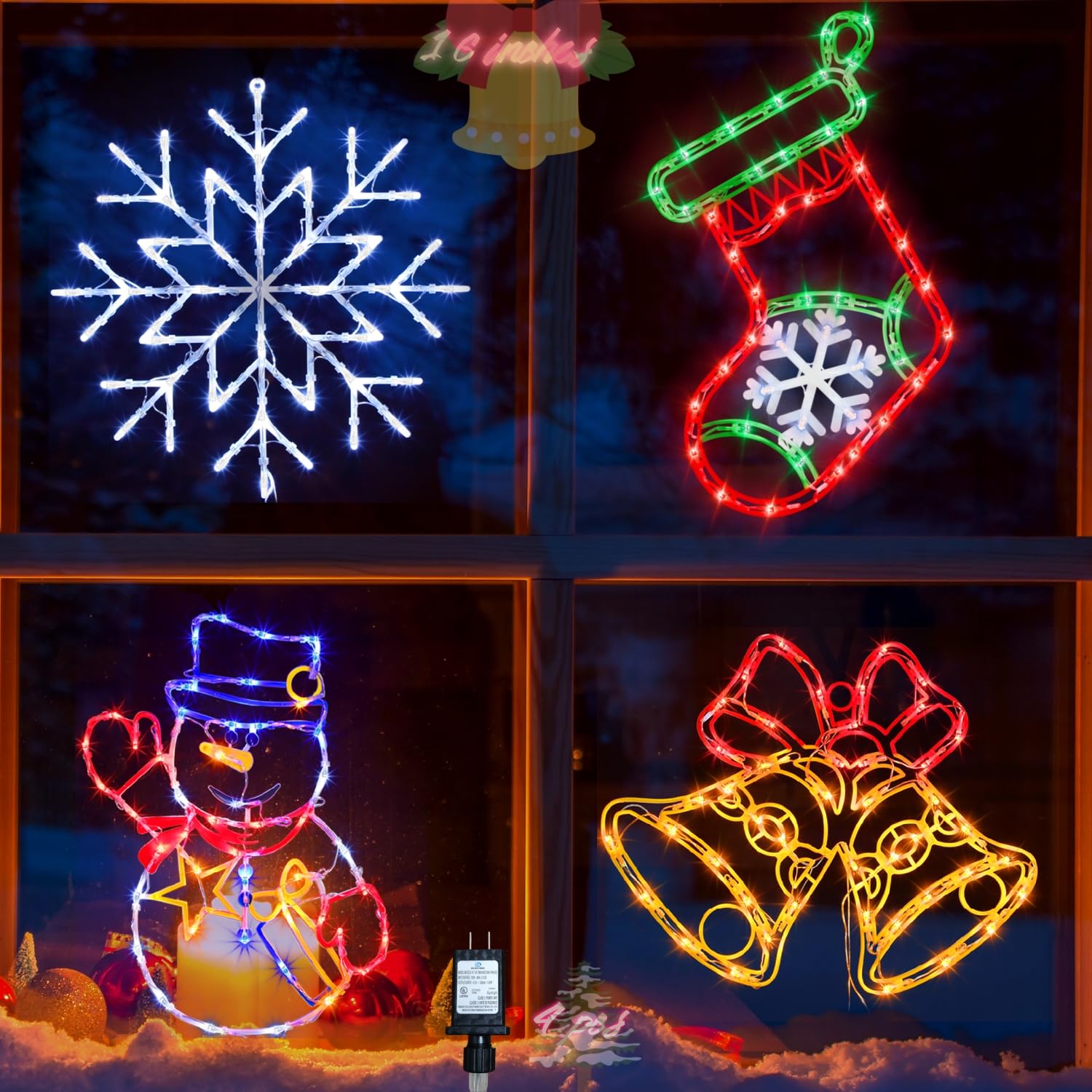 Pytopkto 16 Christmas Window Silhouette Lights Decorations - 4 Pack Colour Lighted Snowman & Christmas Stocking & Bell& Snowflake for Holiday Wall Door Window Decorate