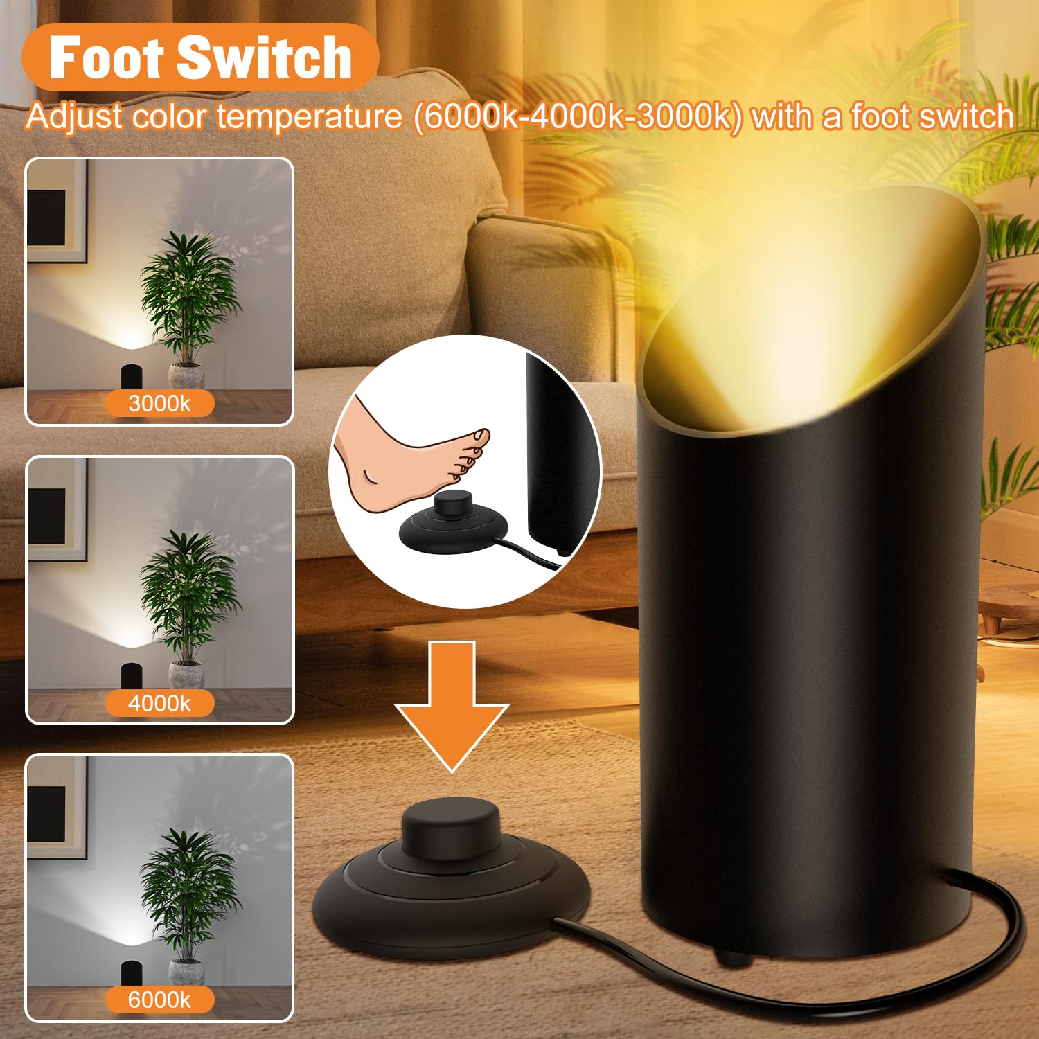 Rechargeable Indoor Up Lights Portable Floor Can Lights with Spotlight Function Remote Control Timer 3 Color Temperatures 5000mA