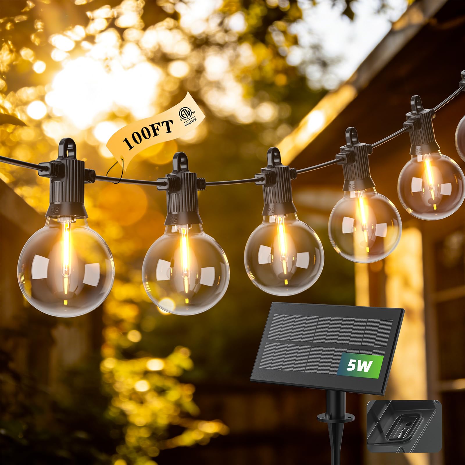 100FT Solar String Lights Outdoor Waterproof IP65 with USB-Charging , Solar Powered LED Patio Lights with 50+2 Shatterproof G40 