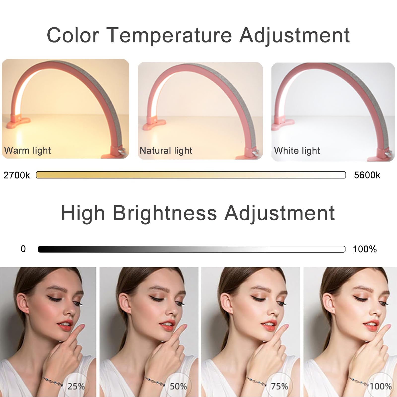 Ciyebst Half Moon Light With Phone Holder, 29 In 48W Nail Desk Lamp, Lash Light For Eyelash Tech, Makeup, Tattoo, Spa, Salon, Nail Tech Lamp With Stepless Dimming & Color Temperature(Pink)